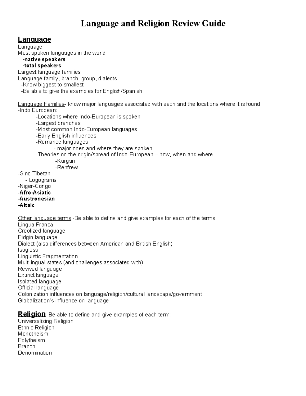 Language and Religion Review Guide: Key Concepts and Examples - Studocu