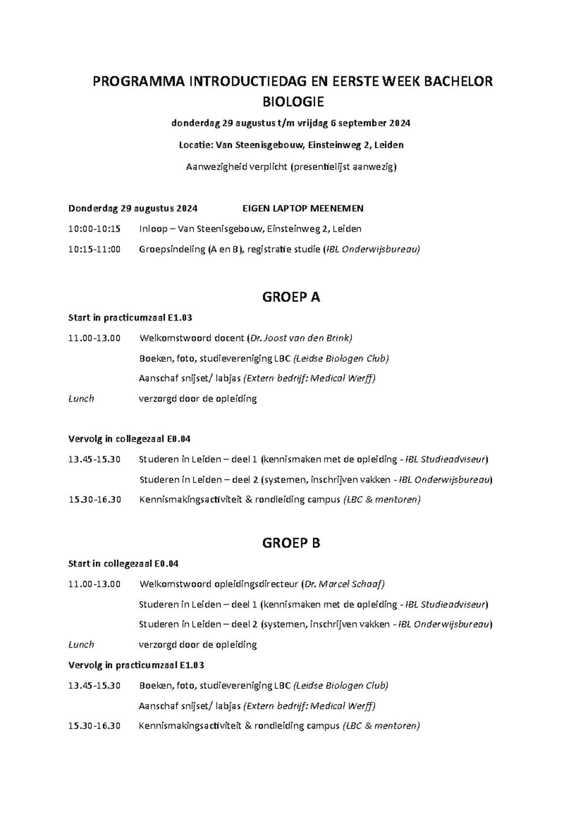 Programma Introductiedag en Eerste Week BSc Biologie (2024) - Studeersnel