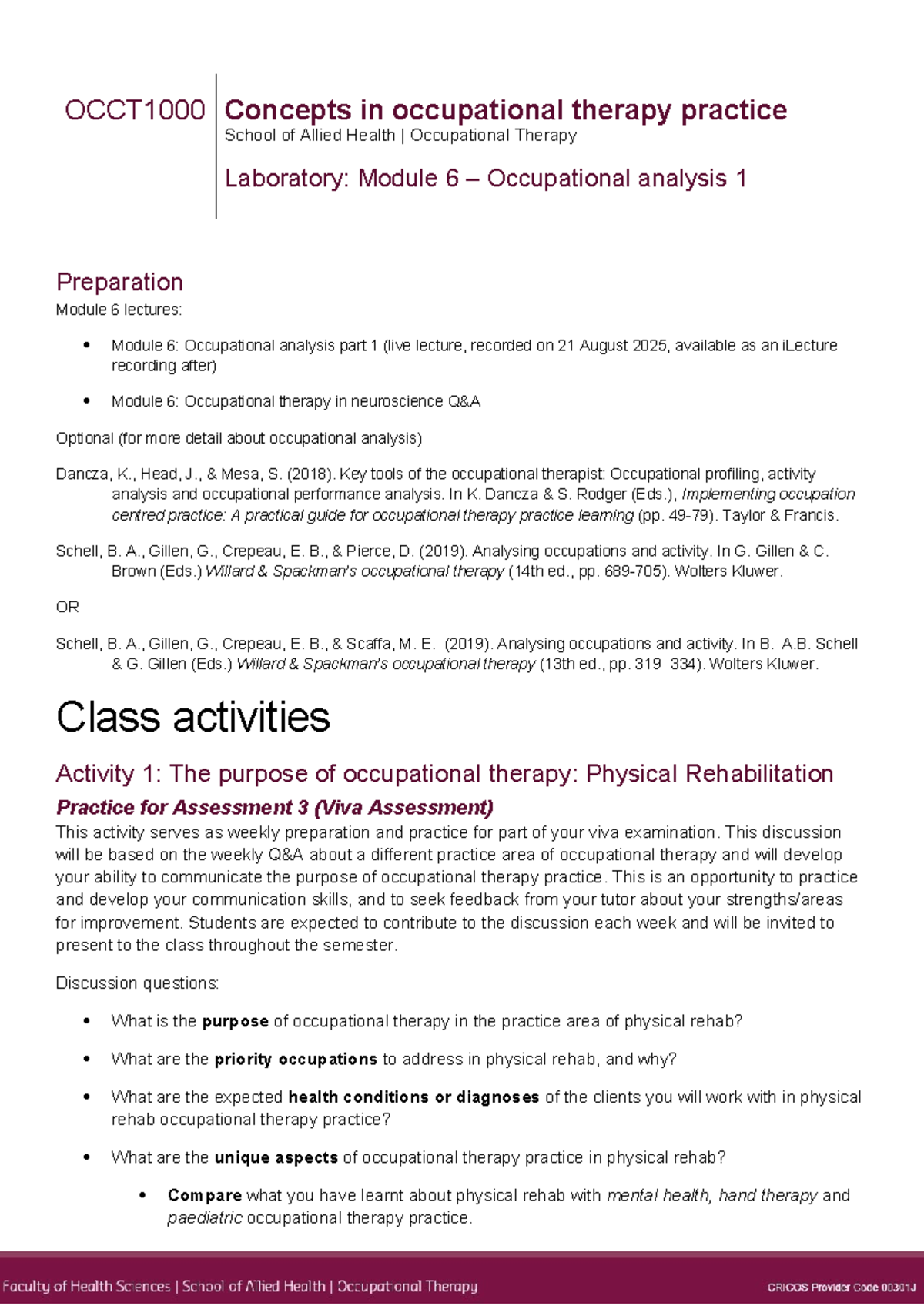 Module 6 Lab: Occupational Analysis in Therapy Practice - Studocu