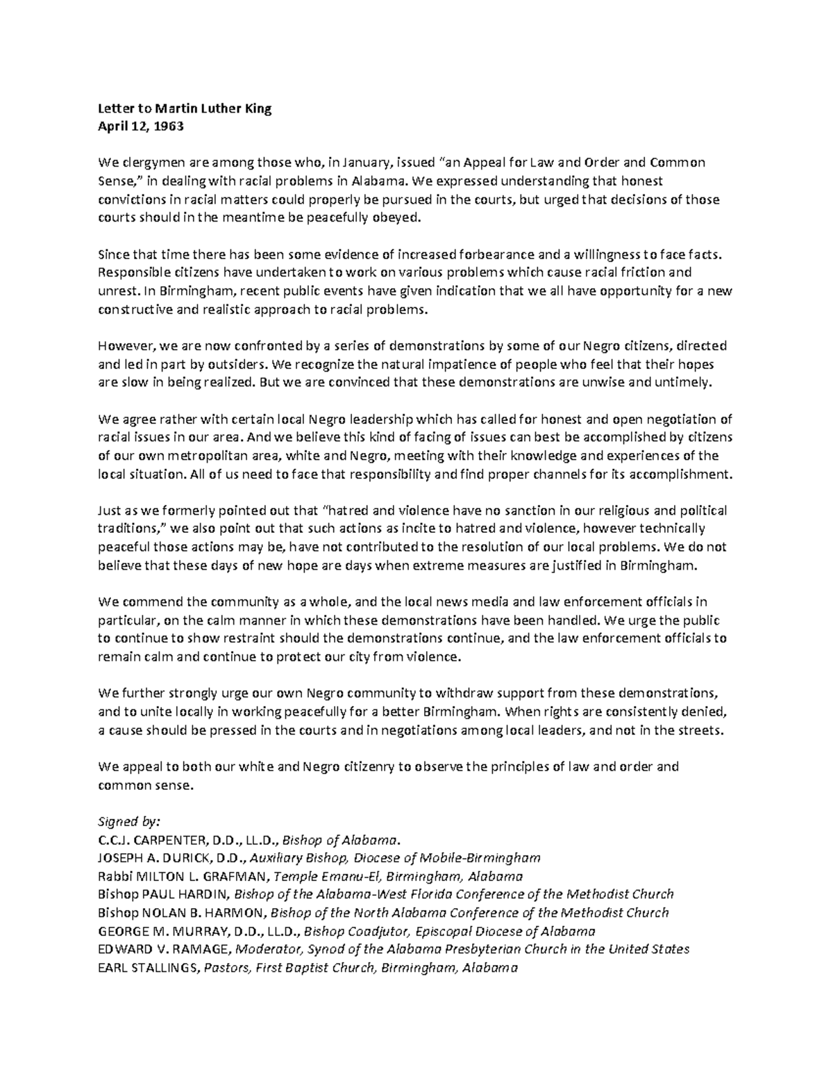 Letter from Birmingham Jail: A Response to Criticism by Clergy - Letter ...