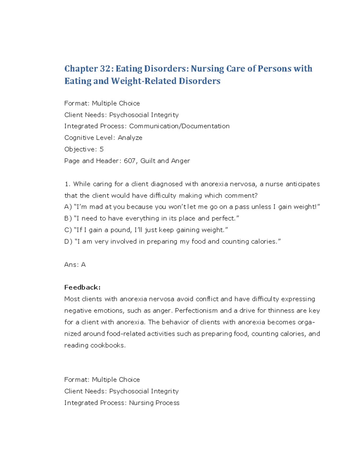 Test Bank 1: Chapter 32 - Eating Disorders Nursing Care (Psychosocial ...