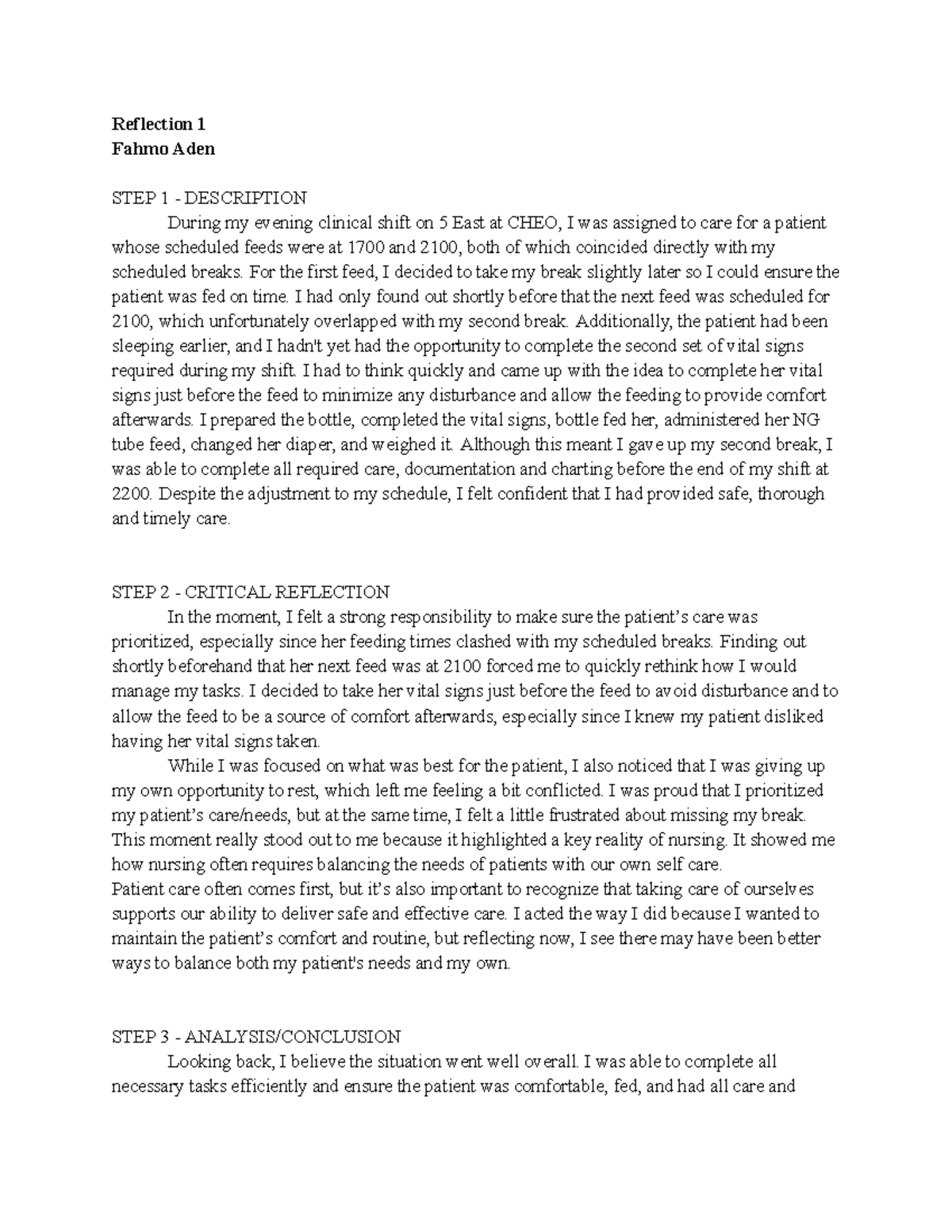 Reflection 1: Balancing Patient Care and Self-Care in Nursing - Studocu