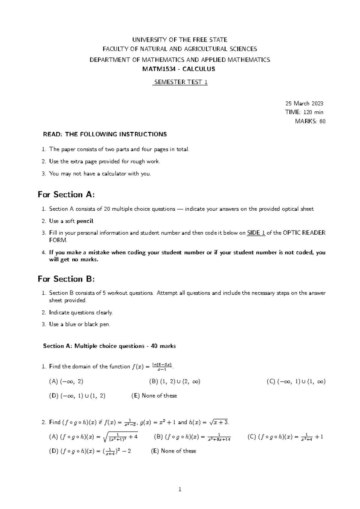 MATM1534 Calculus Semester Test 1 - 25 March 2023 - Studocu