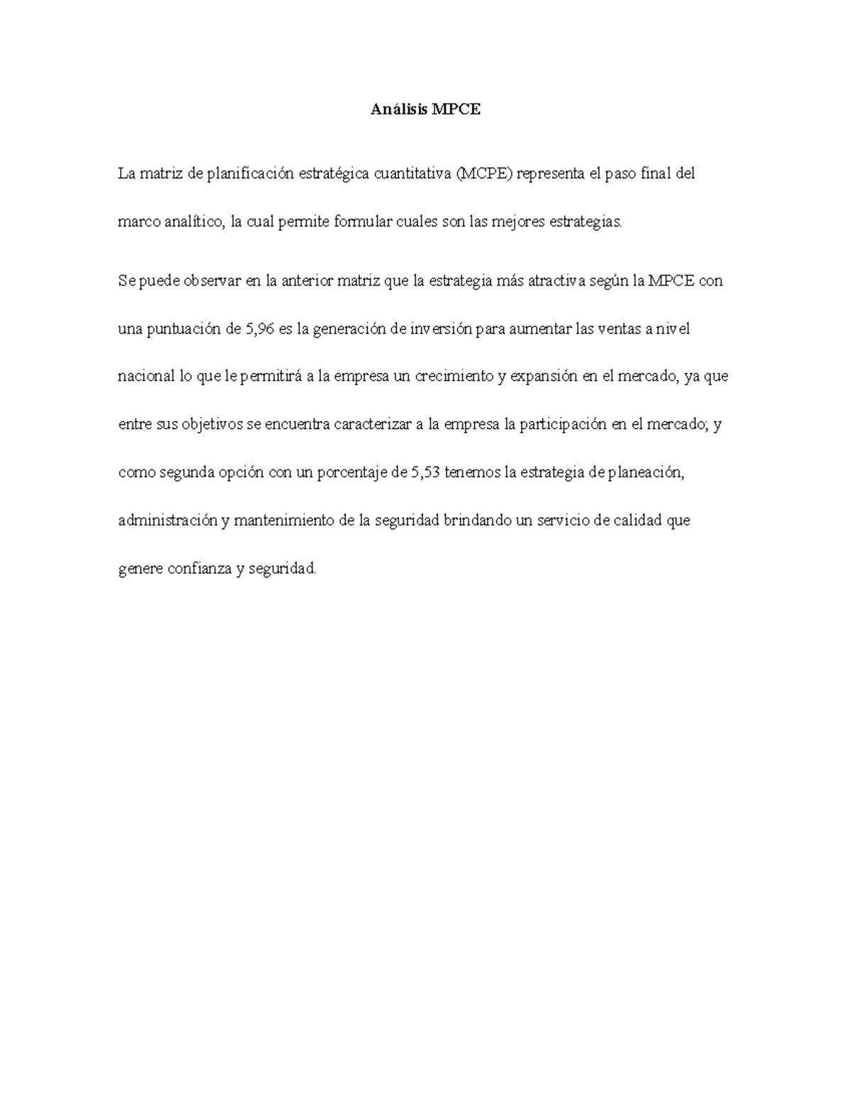 Análisis Cuantitativo de la Matriz de Planificación Estratégica (MCPE ...