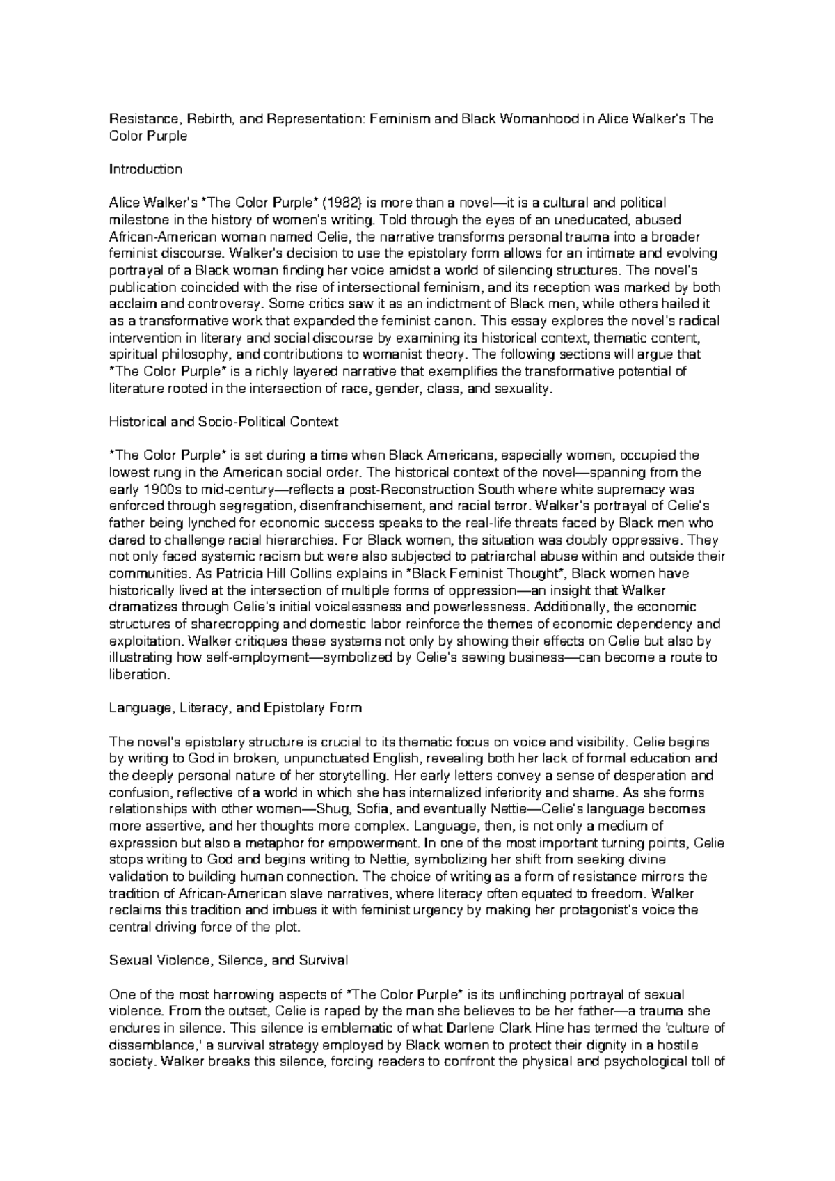 The Color Purple 3000 Word Final Assignment - Resistance, Rebirth, and ...