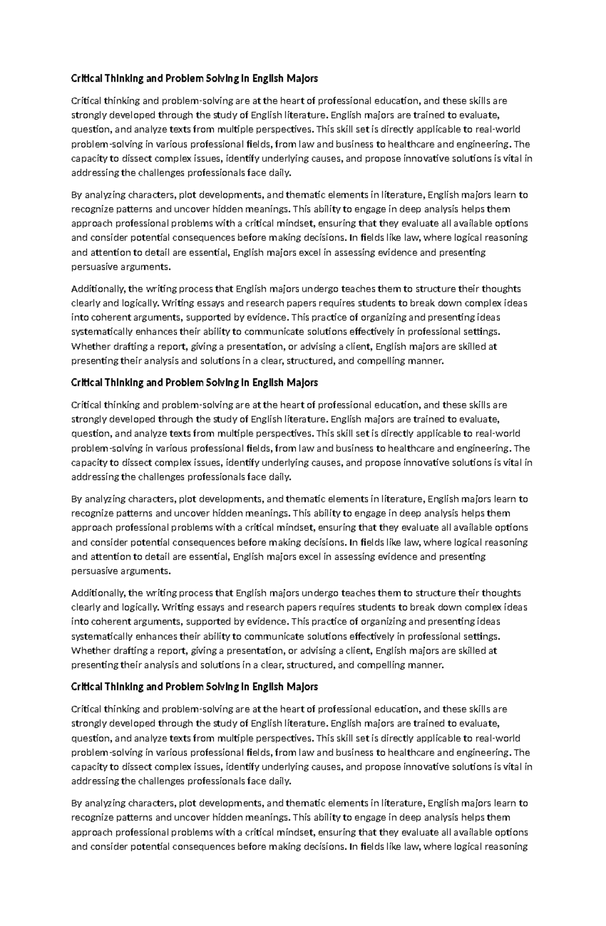 Critical Thinking and Problem Solving in English Majors - English ...