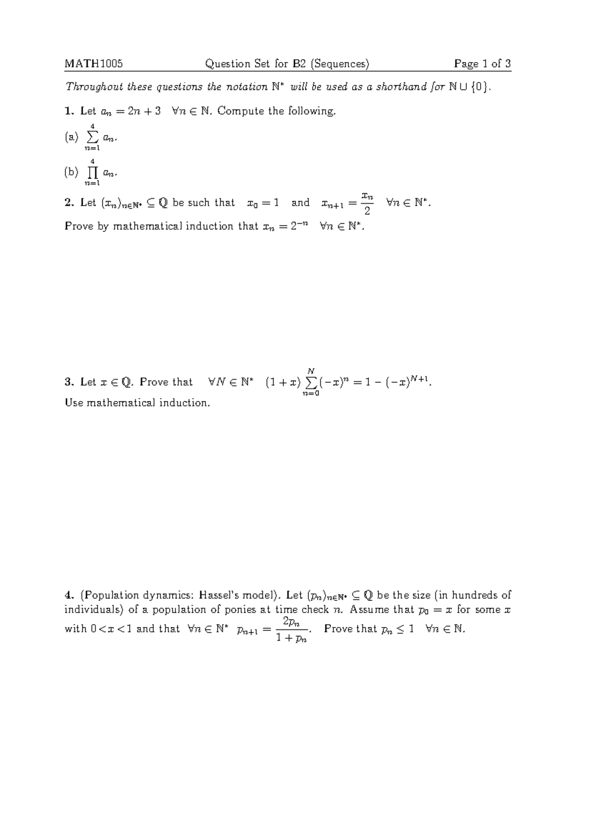 MATH1005 B2 Practice Problems on Sequences and Induction - Studocu
