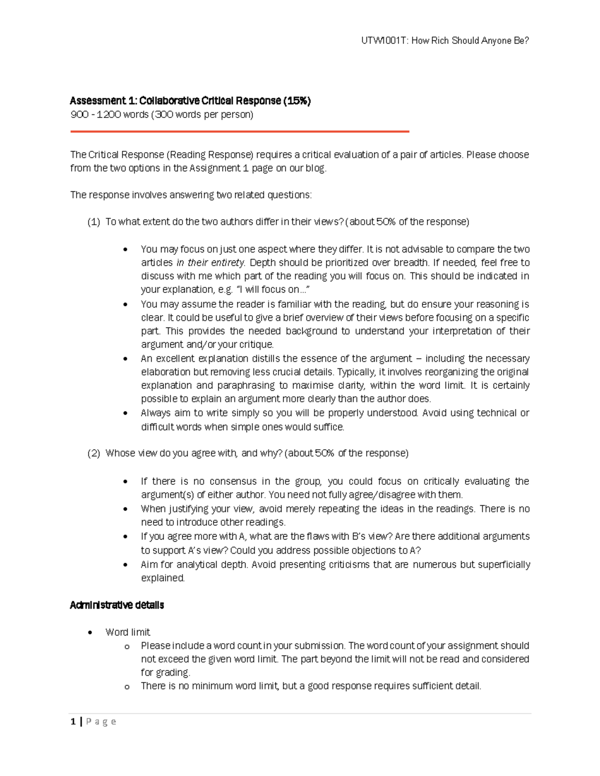 UTW1001T: Collaborative Critical Response Assignment 1 Guidelines - Studocu