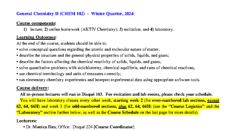 CHEM 102 Syllabus: General Chemistry II Winter 2024 Overview - Studocu