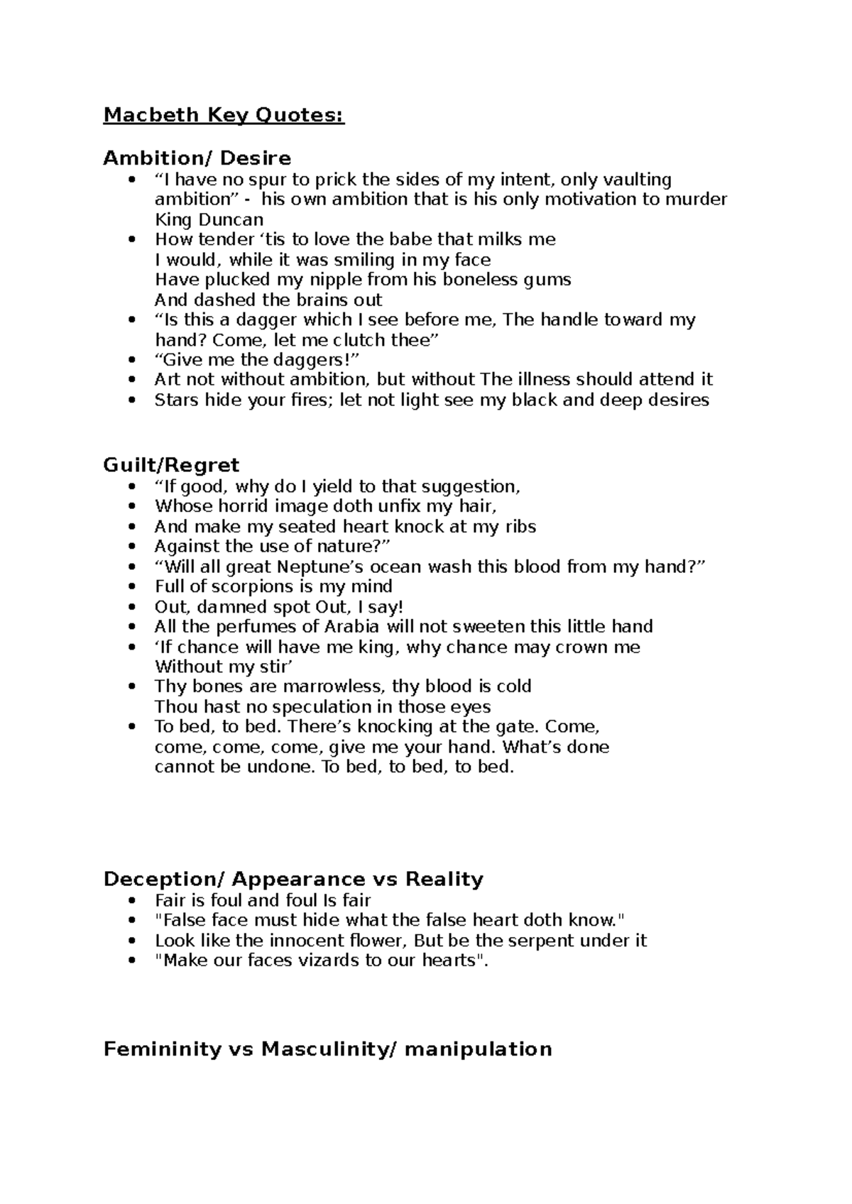 Macbeth Key Quotes: Ambition, Guilt, and Deception Analysis - Studocu