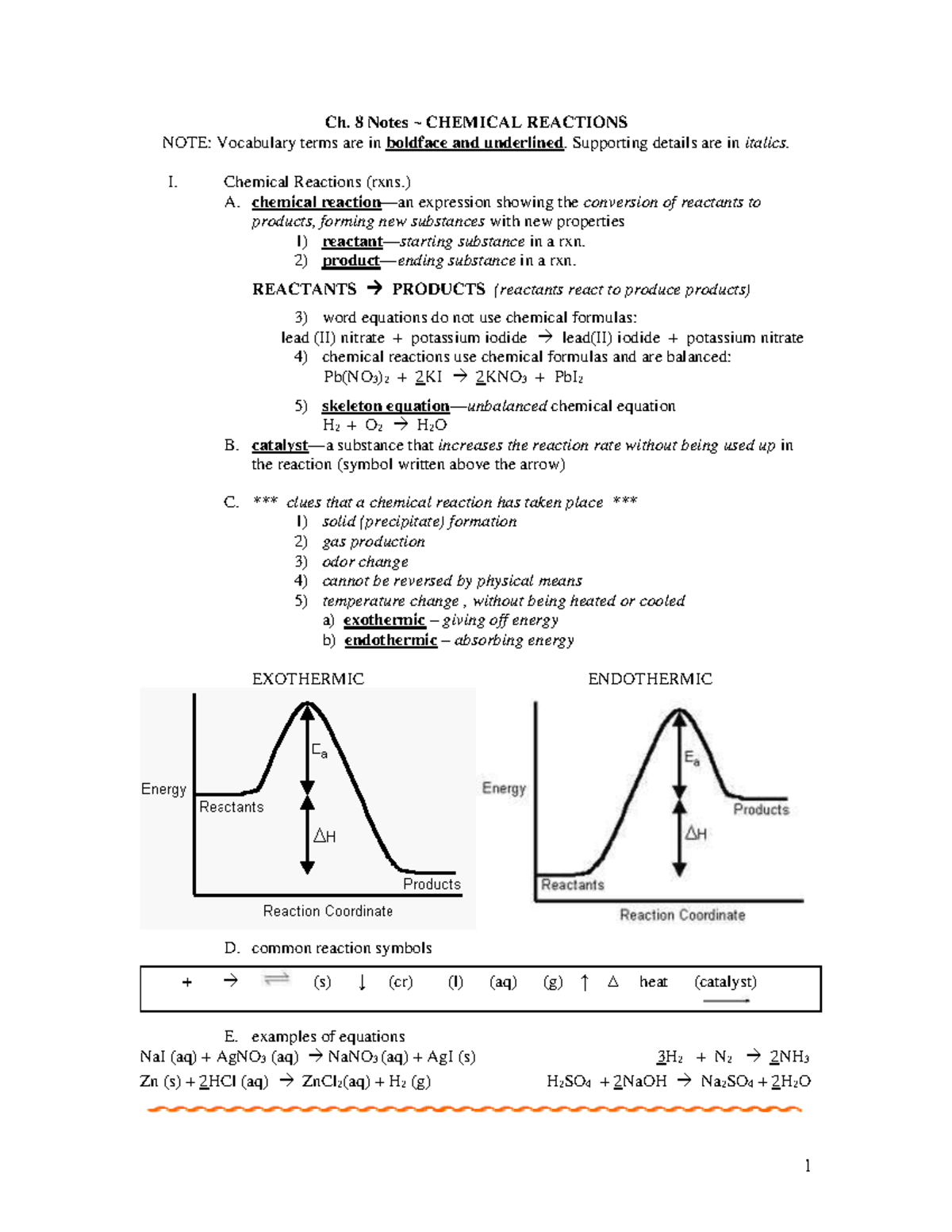 Chemistry I: Chapter 8 Notes on Chemical Reactions (CHEM101) - Ch. 8 ...