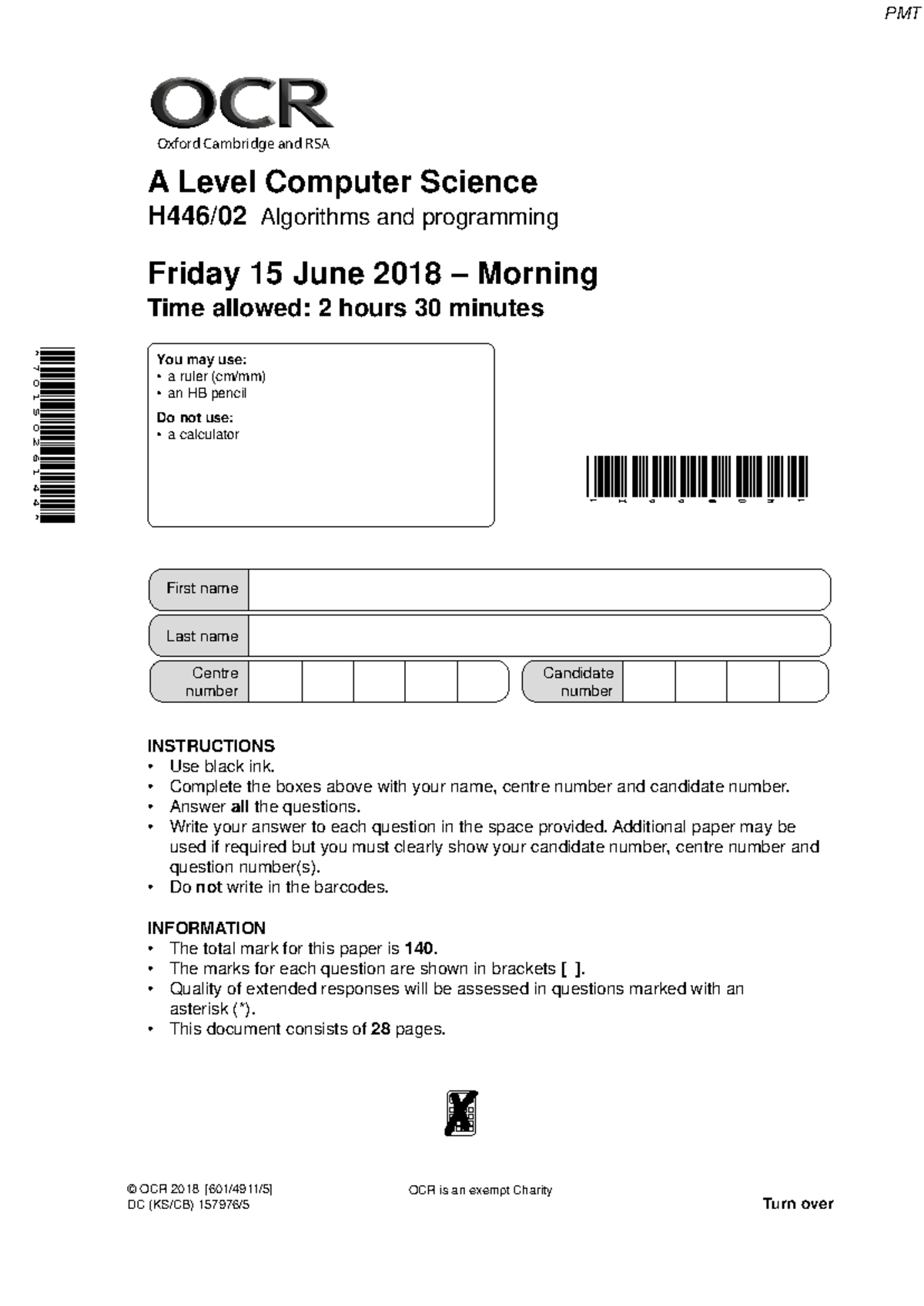 June 2018 OCR A Level Comp Sci Paper 2 - Algorithms & Programming - Studocu