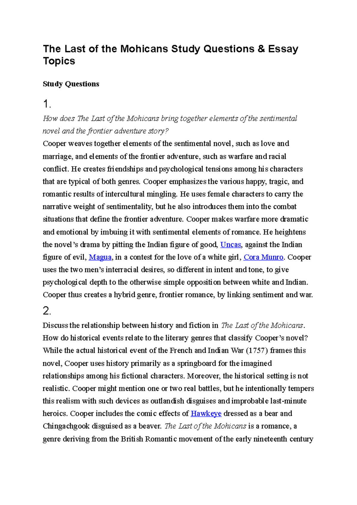 The Last of the Mohicans Study Questions - How does The Last of the ...