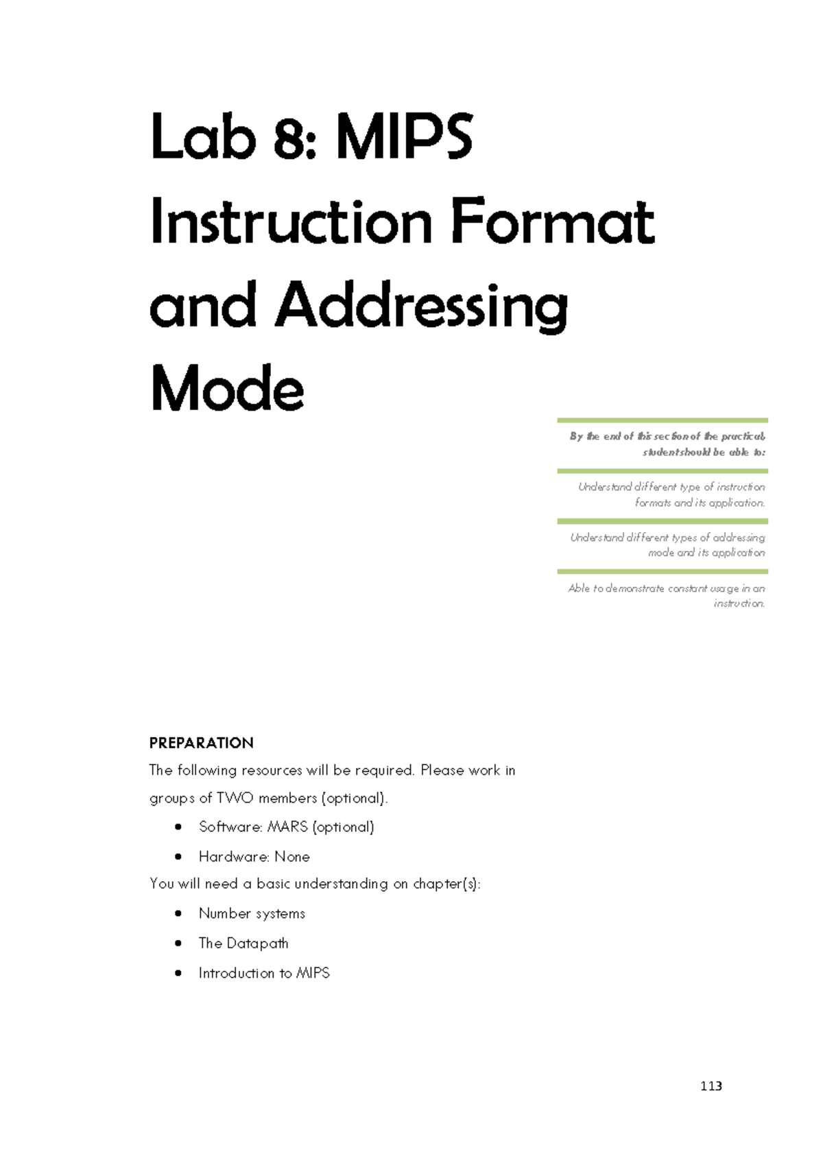 Lab 8 Addressing Modes (MARS) - Lab 8 : MIPS Instruction Format and ...