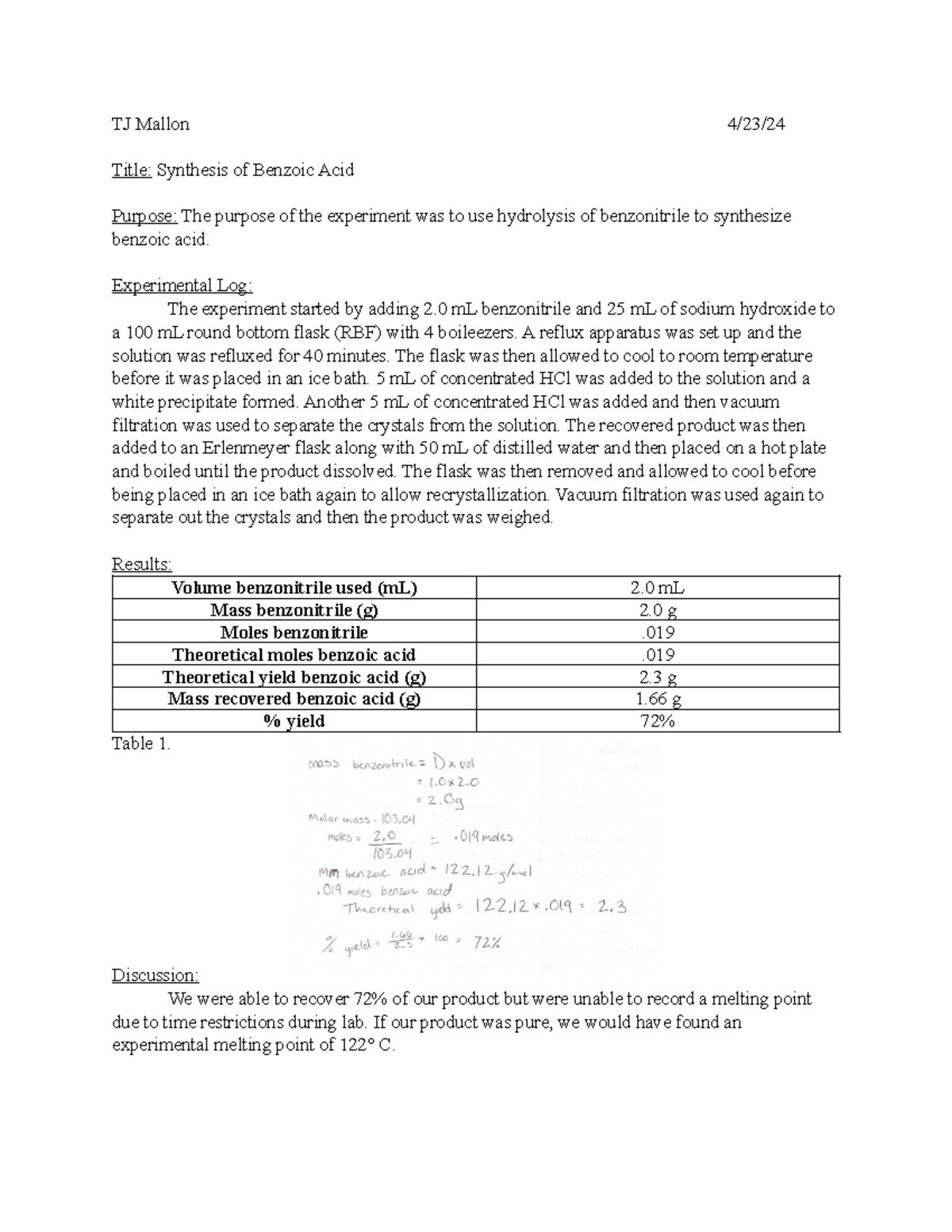 CHM 260 Lab Report 8: Synthesis & Yield Analysis of Benzoic Acid - Studocu
