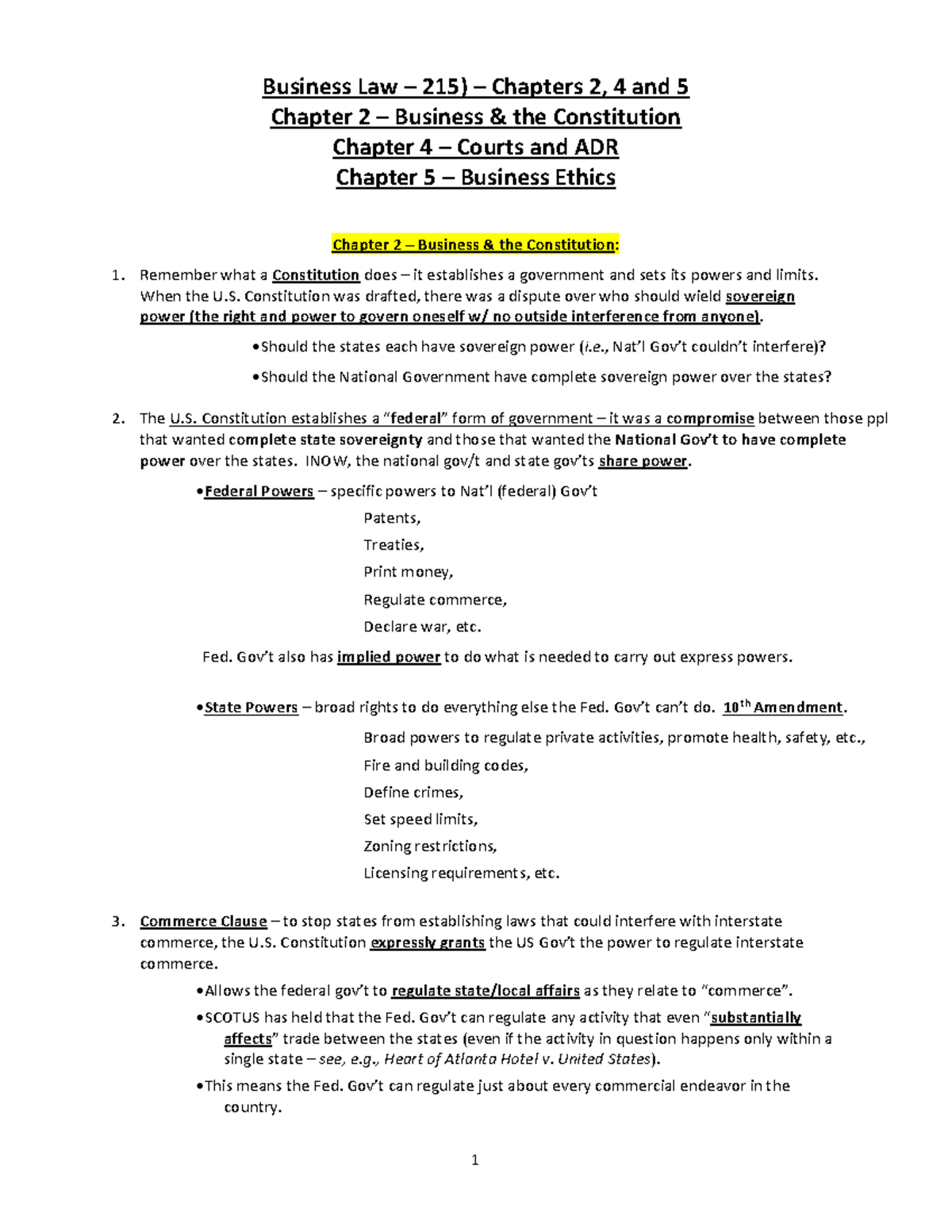 Chs. 2 & 4 Outline - Business Law – 215) – Chapters 2, 4 and 5 Chapter ...
