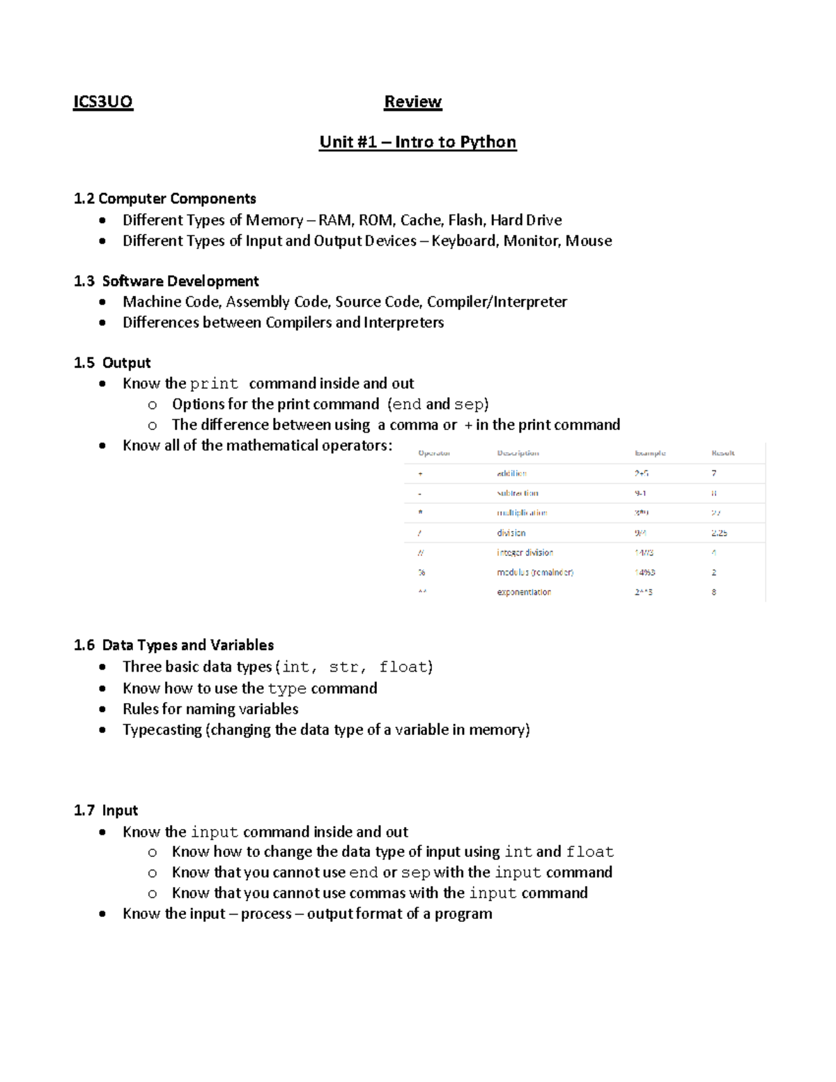 Review - Unit 1 - ICS3UO Review Unit # 1 – Intro to Python 1 .2 ...