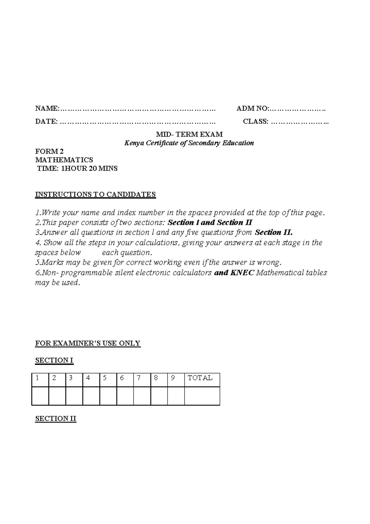 MATH F2 QNS Midterm Term 2 - Kenya Certificate of Secondary Education ...