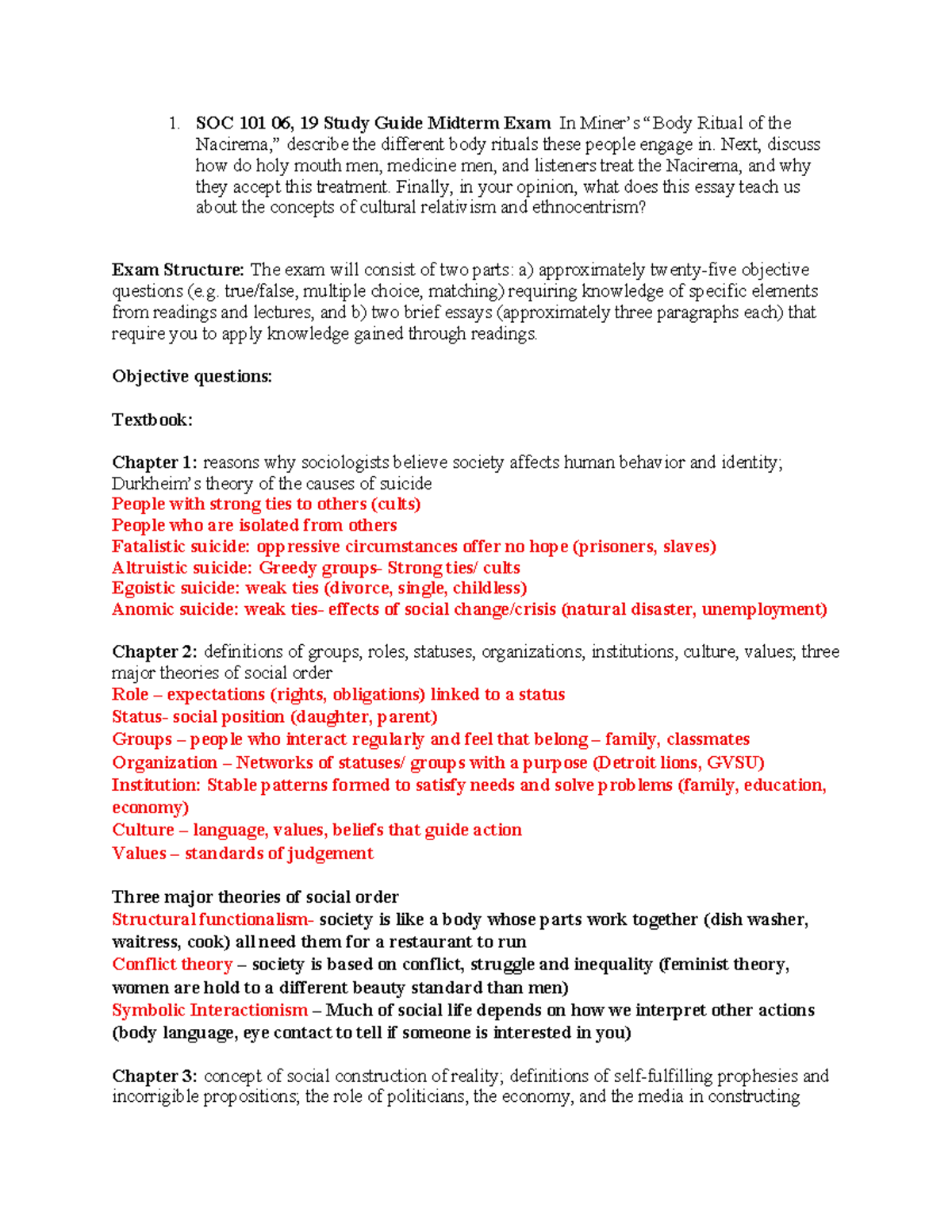 SOC 101 06 Midterm Exam Study Guide: Cultural Rituals & Theories - Studocu