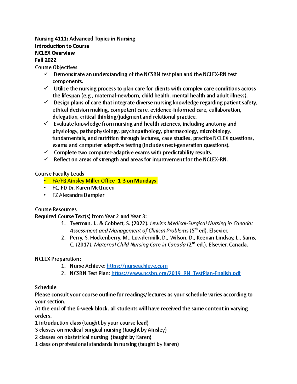 Nursing 4111: Intro to Advanced Topics & NCLEX Overview (Fall 2022 ...