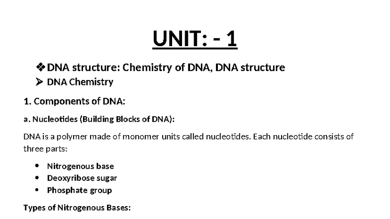 UNIT 1: Chemistry and Structure of DNA in Molecular Biology - Studocu