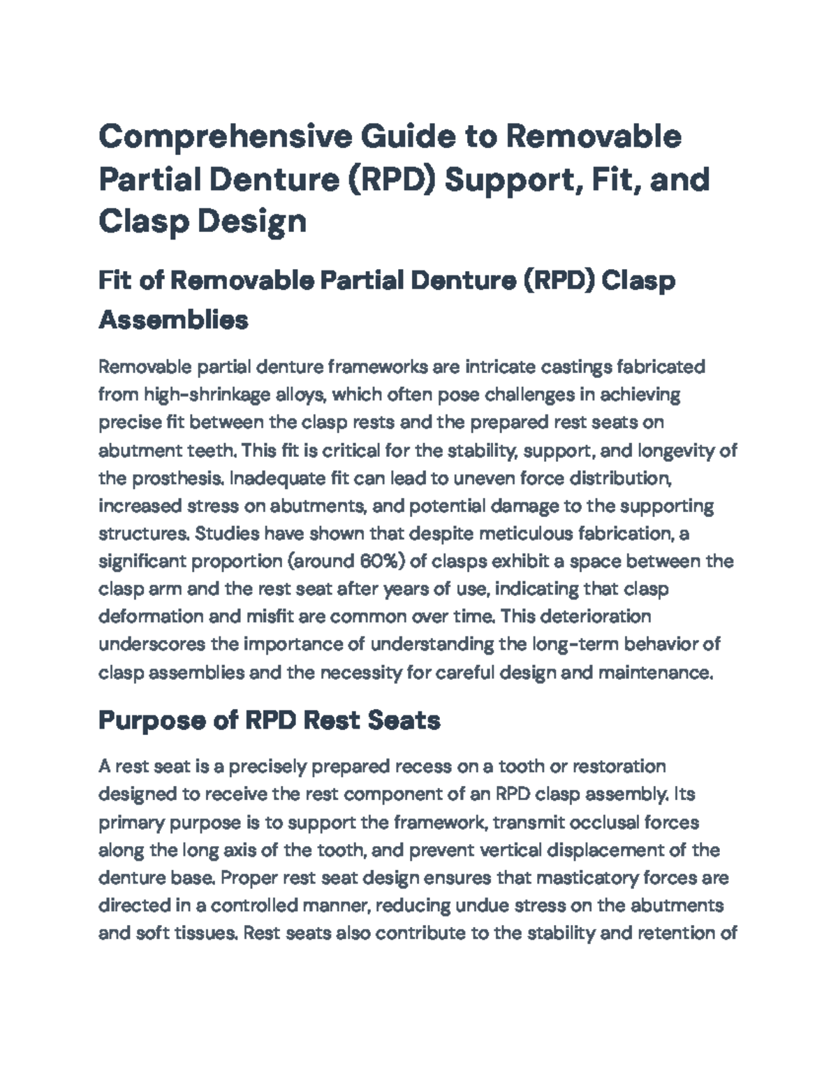 Comprehensive Guide to RPD Support, Fit, and Clasp Design - Studocu