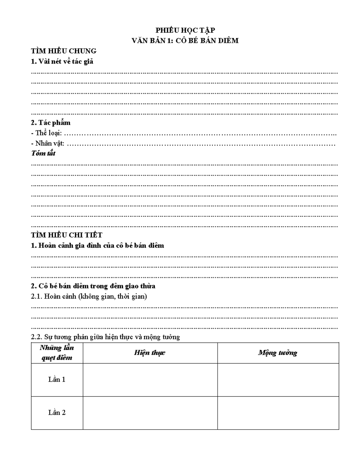 PHIẾU HỌC TẬP VĂN BẢN 1: CÔ BÉ BÁN DIÊM - Bài Tập Đọc Hiểu - Studocu