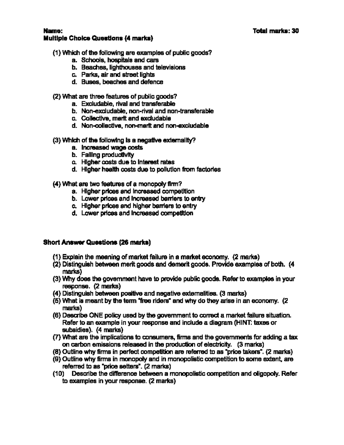 Eco Quiz - Economics Year 11 Preliminary Exam (Total Marks: 30) - Studocu