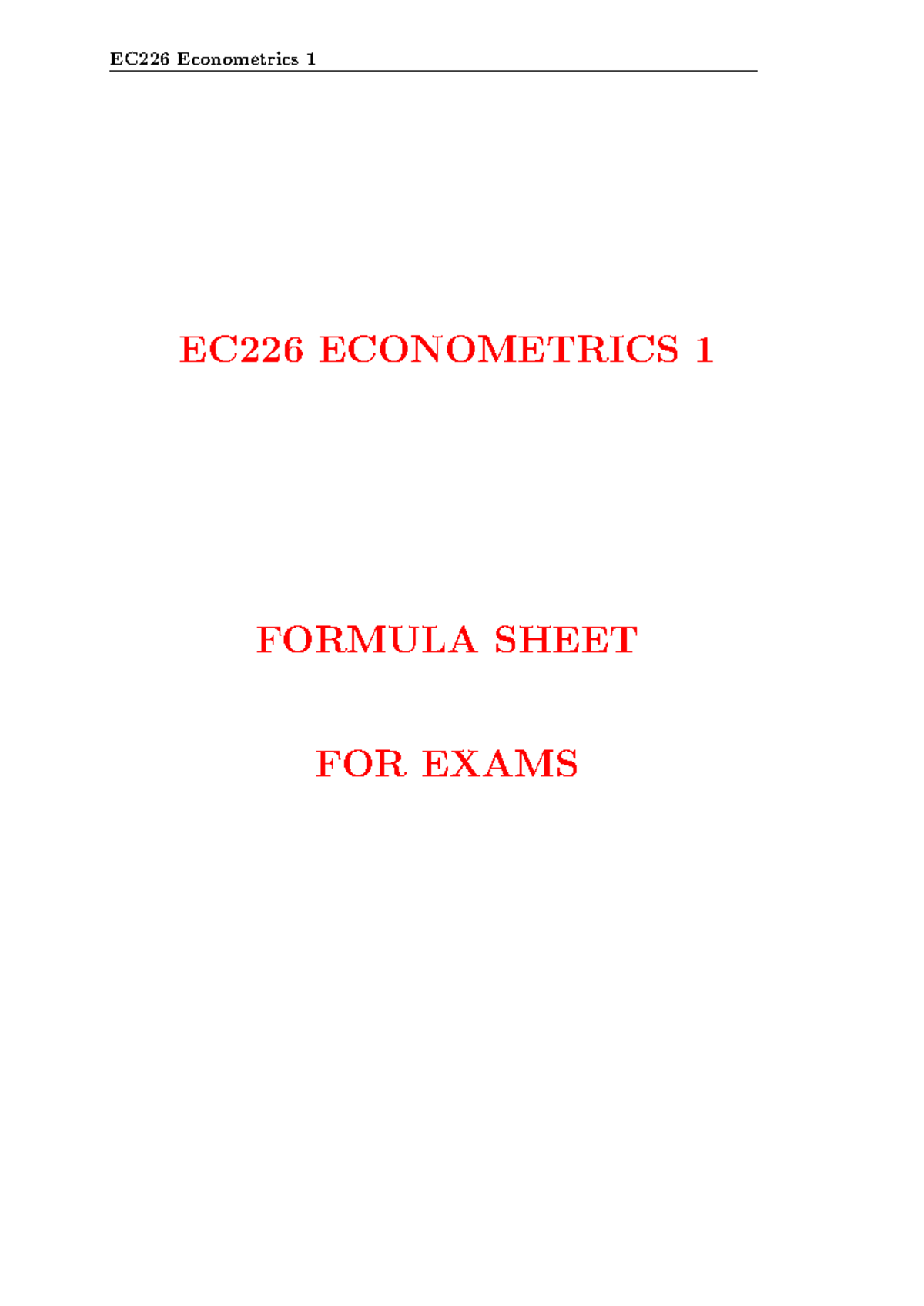 EC226 Econometrics 1 Exam Formula Sheet and Key Concepts - Studocu