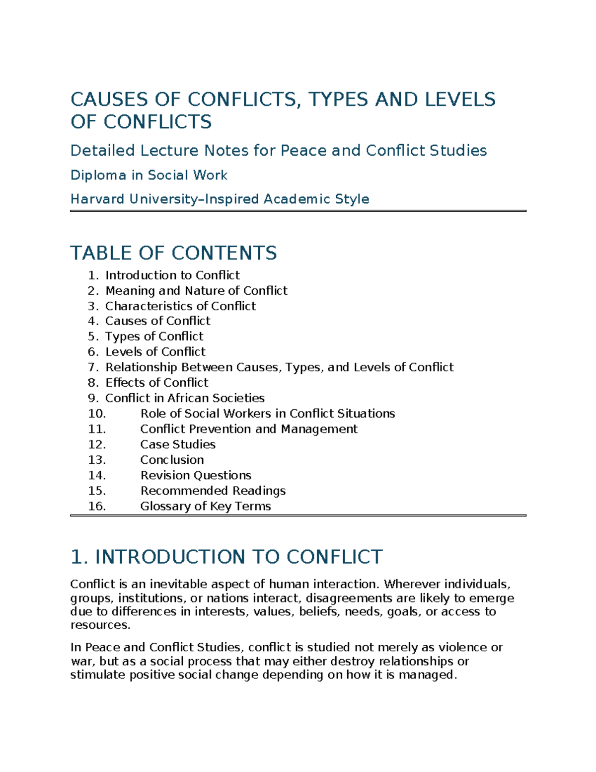 Harvard Style Lecture Notes on Causes, Types & Levels of Conflicts ...