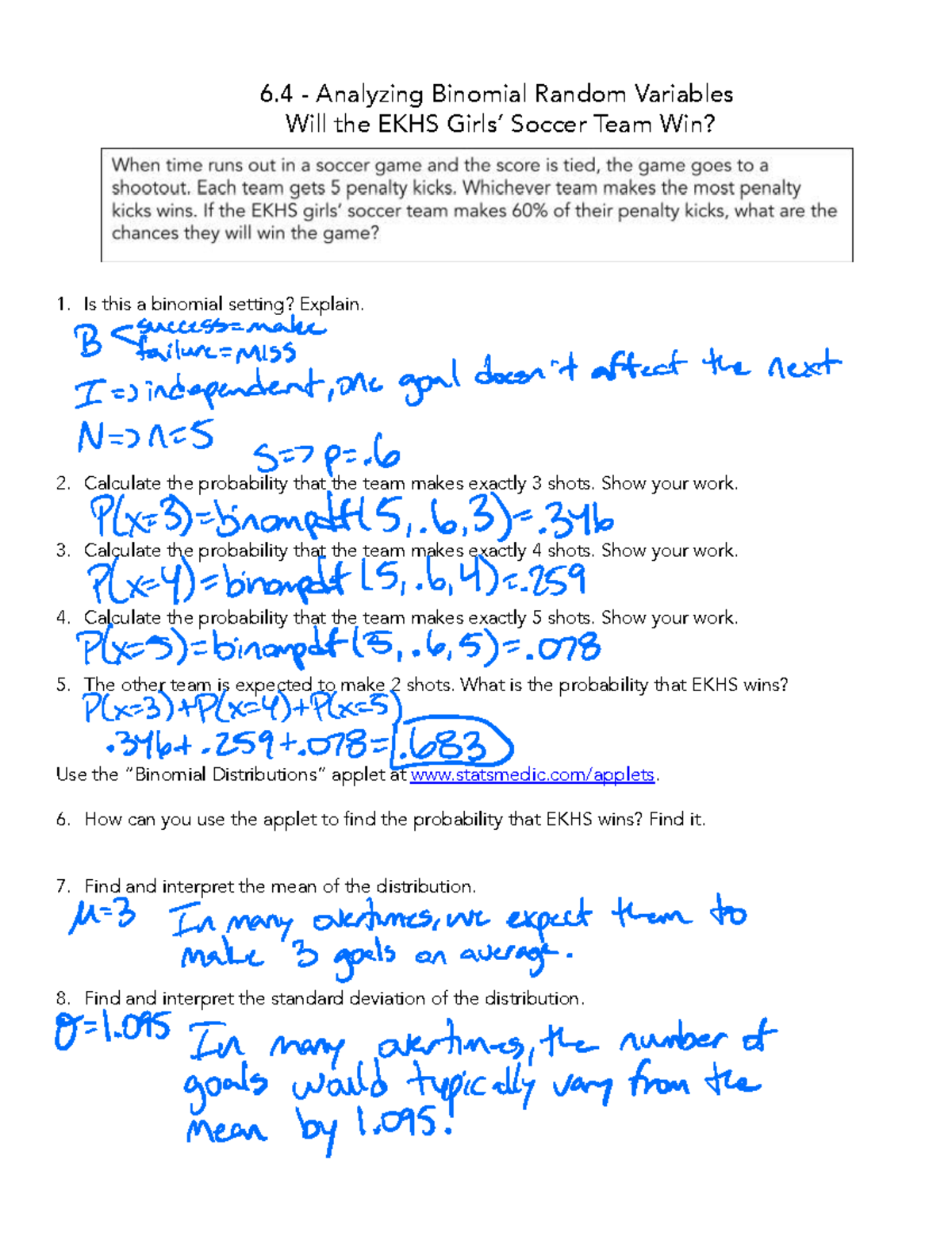6.4 Binomial Random Variables Analysis: EKHS Soccer Team Performance ...