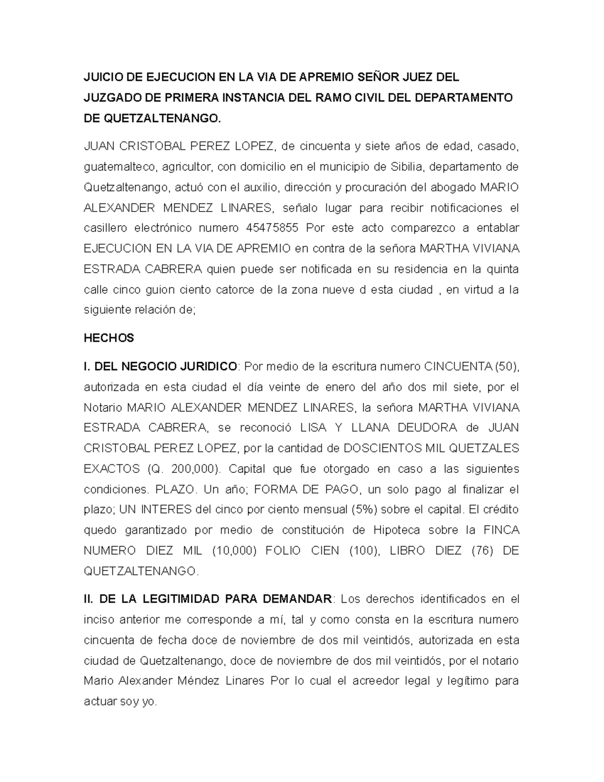 Juicio DE Ejecucion EN LA VIA DE Apremio Señor JUEZ DEL Juzgado DE ...