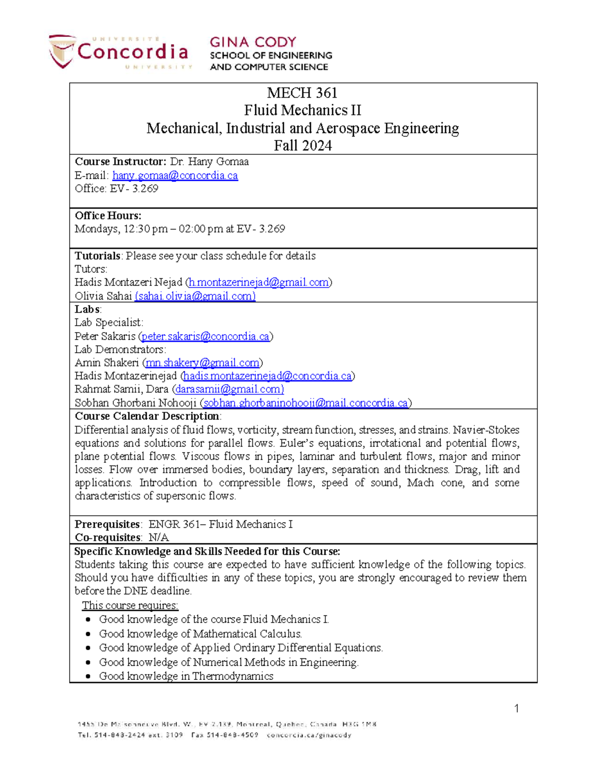 MECH 361 Course Outline FALL 2024-F - MECH 361 Fluid Mechanics II ...