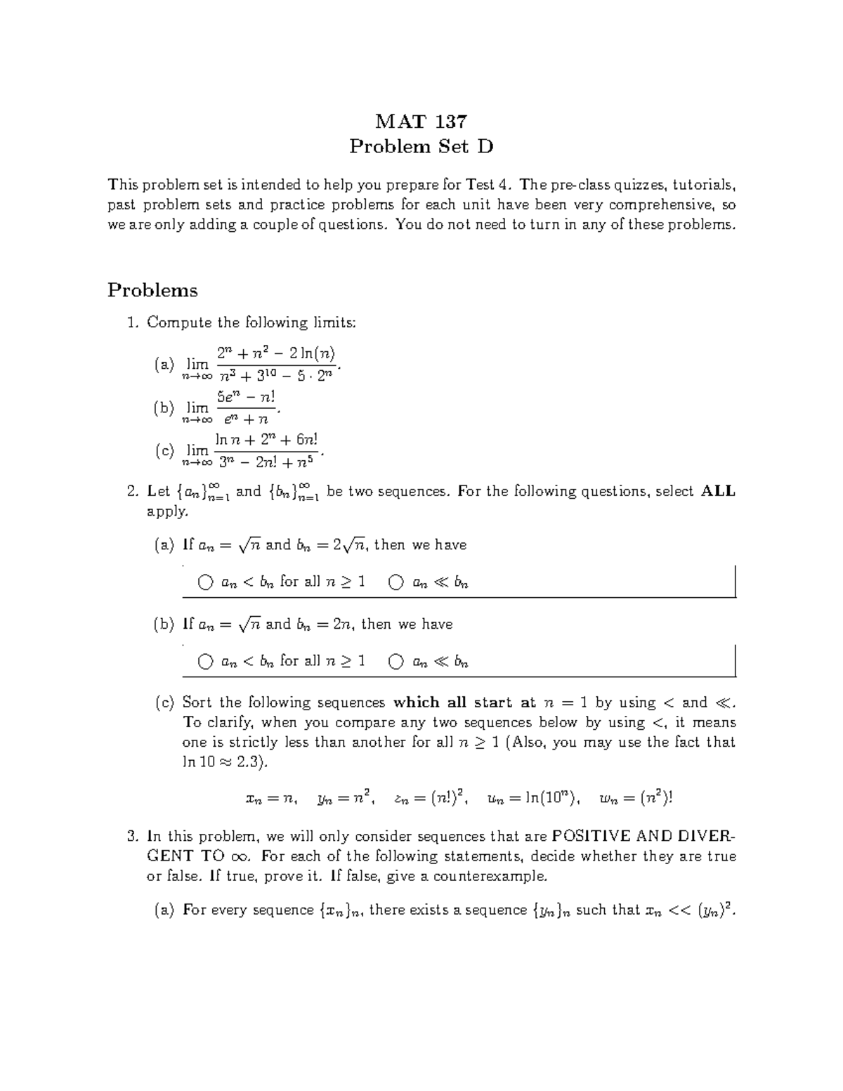MAT 137 Problem Set D - Test 4 Practice Questions - Studocu