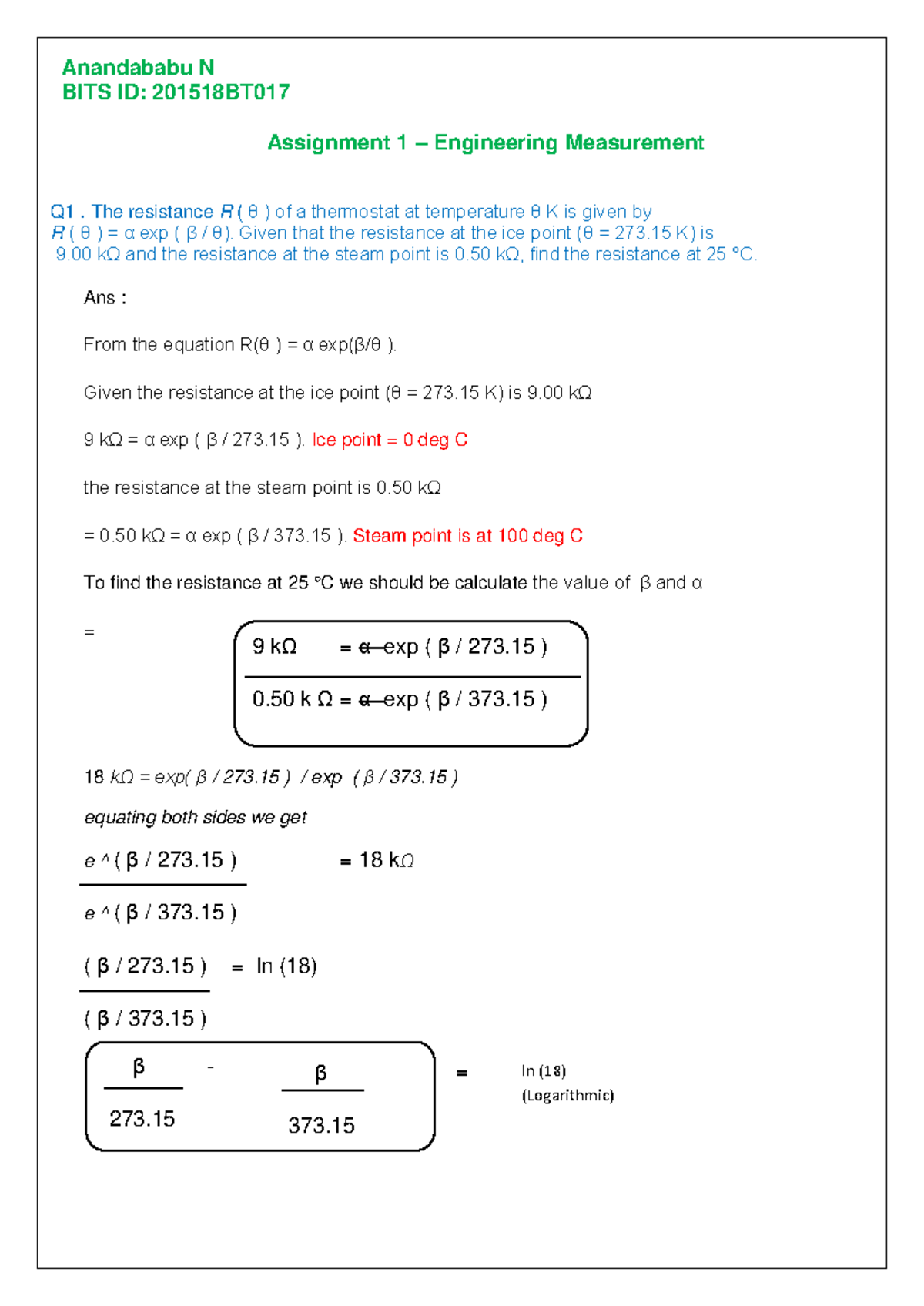 309321311 Assignment 1: Engineering Measurement Solutions and Analysis ...