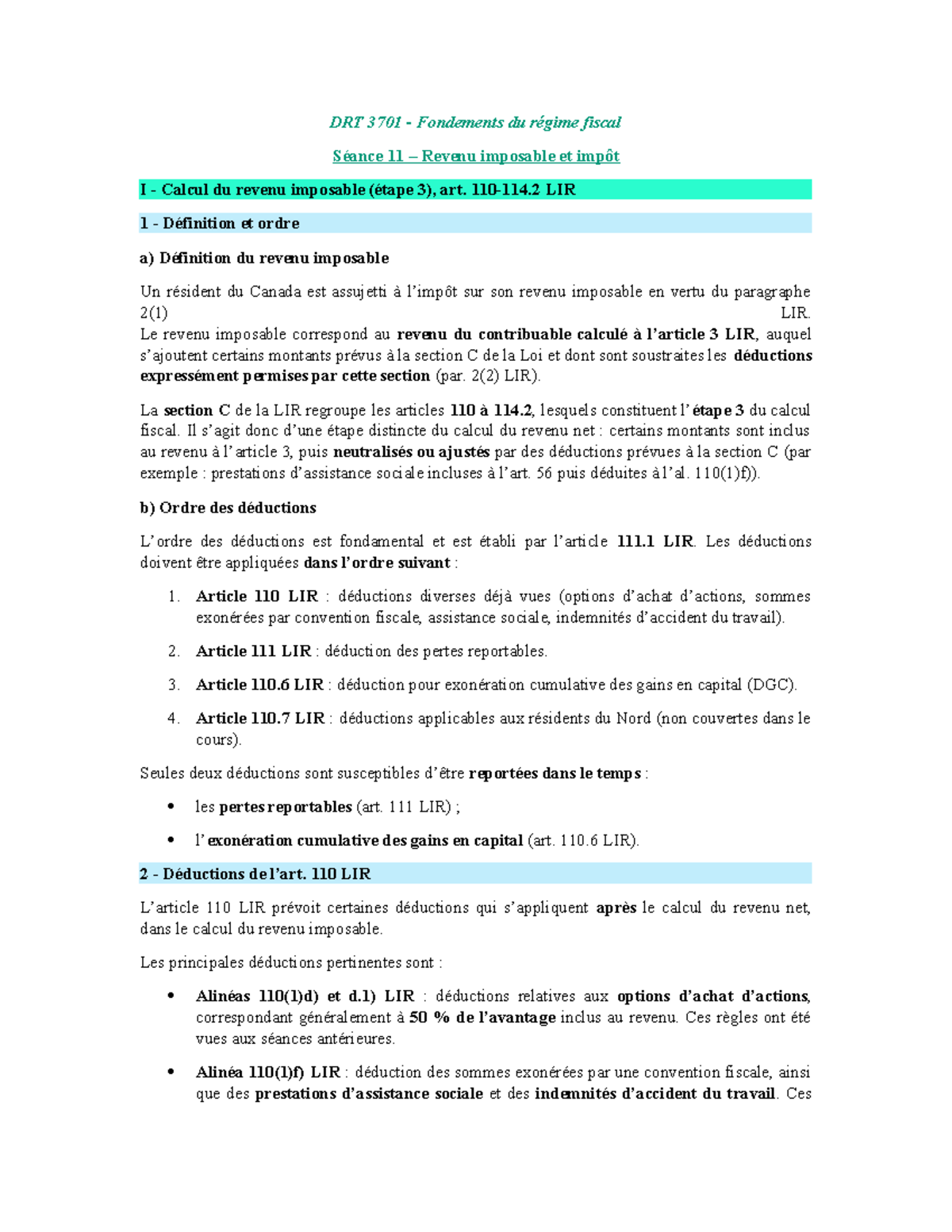 DRT 3701 Séance 11: Calcul du Revenu Imposable et Impôt I - Studocu