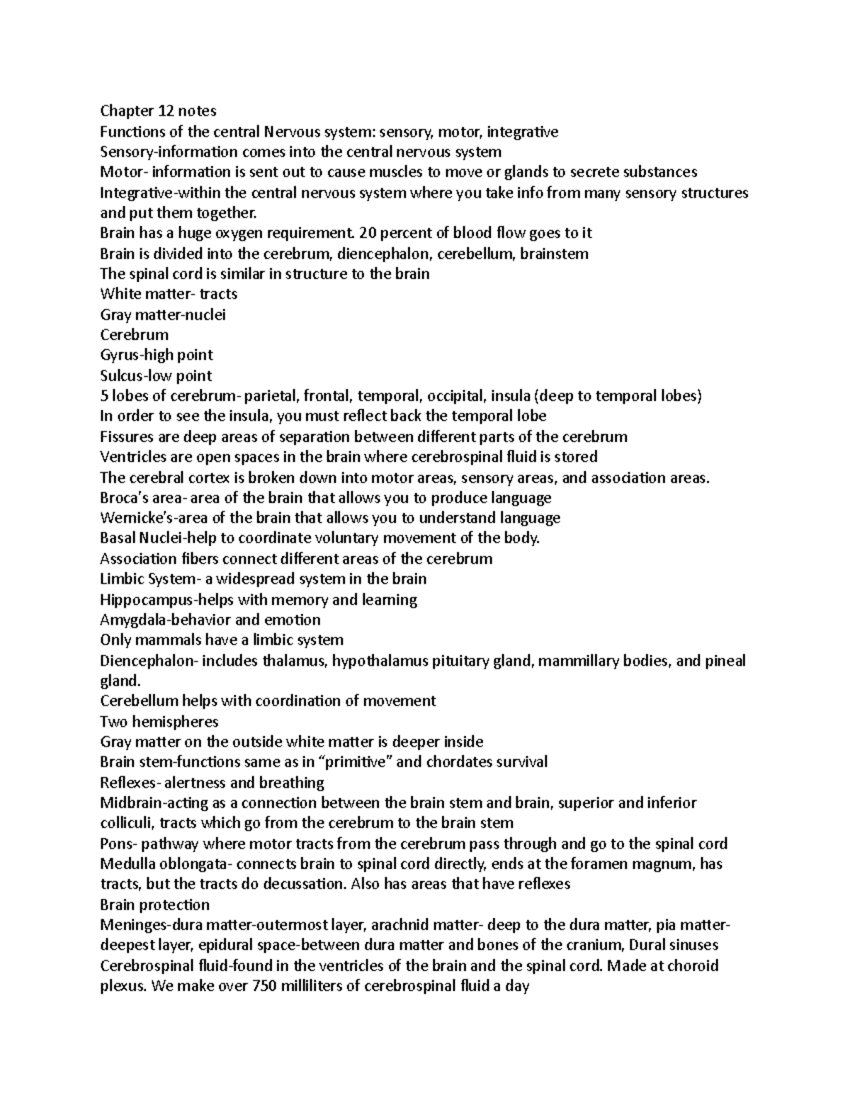 Nervous System Insights: Chapter 12 Notes for BIOL 101 Lecture - Studocu