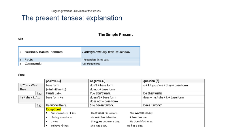 English Grammar Revision: Present Tenses Overview - Studocu