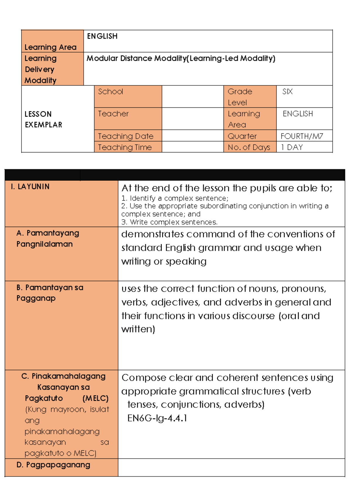 Q4 DLP English 6 Lesson Exemplar: Complex Sentences & Conjunctions ...