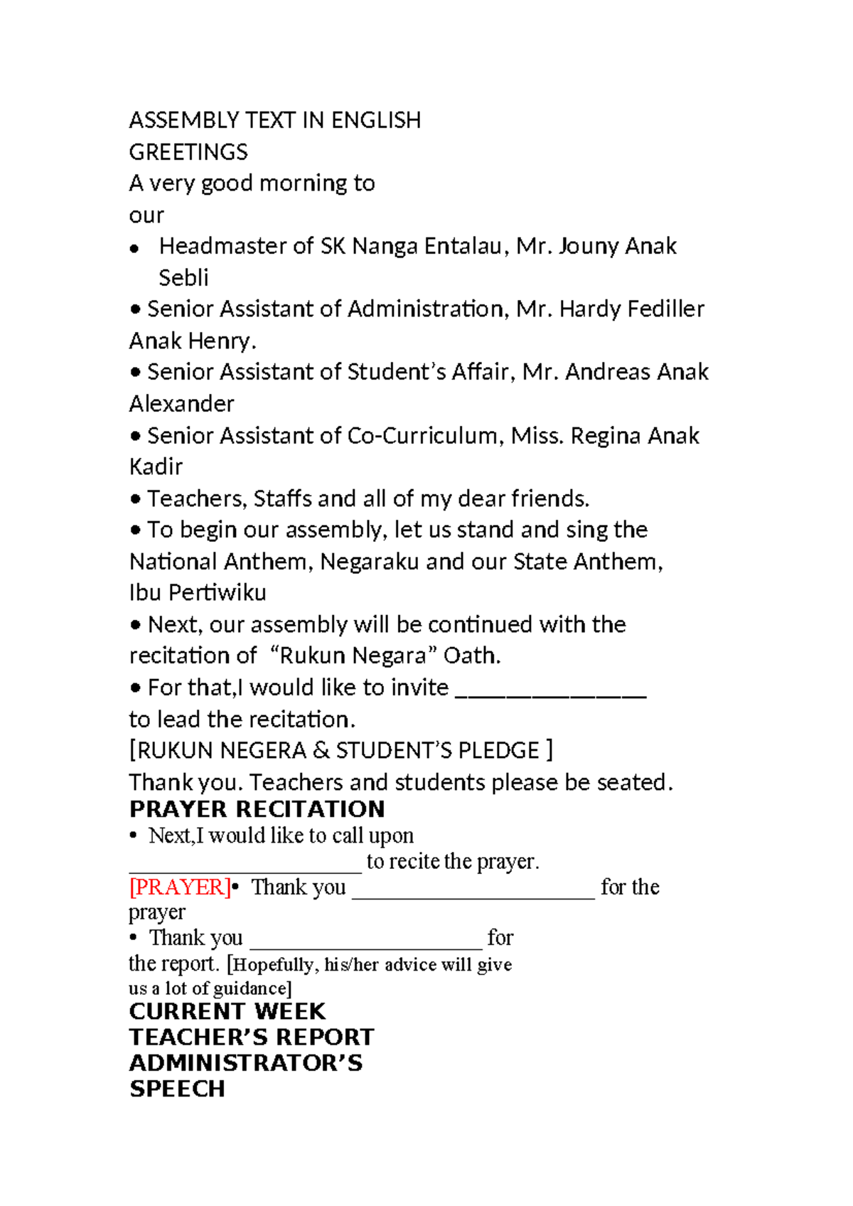 ASSEMBLY TEXT IN ENGLISH: A Report on School Assembly Activities - Studocu