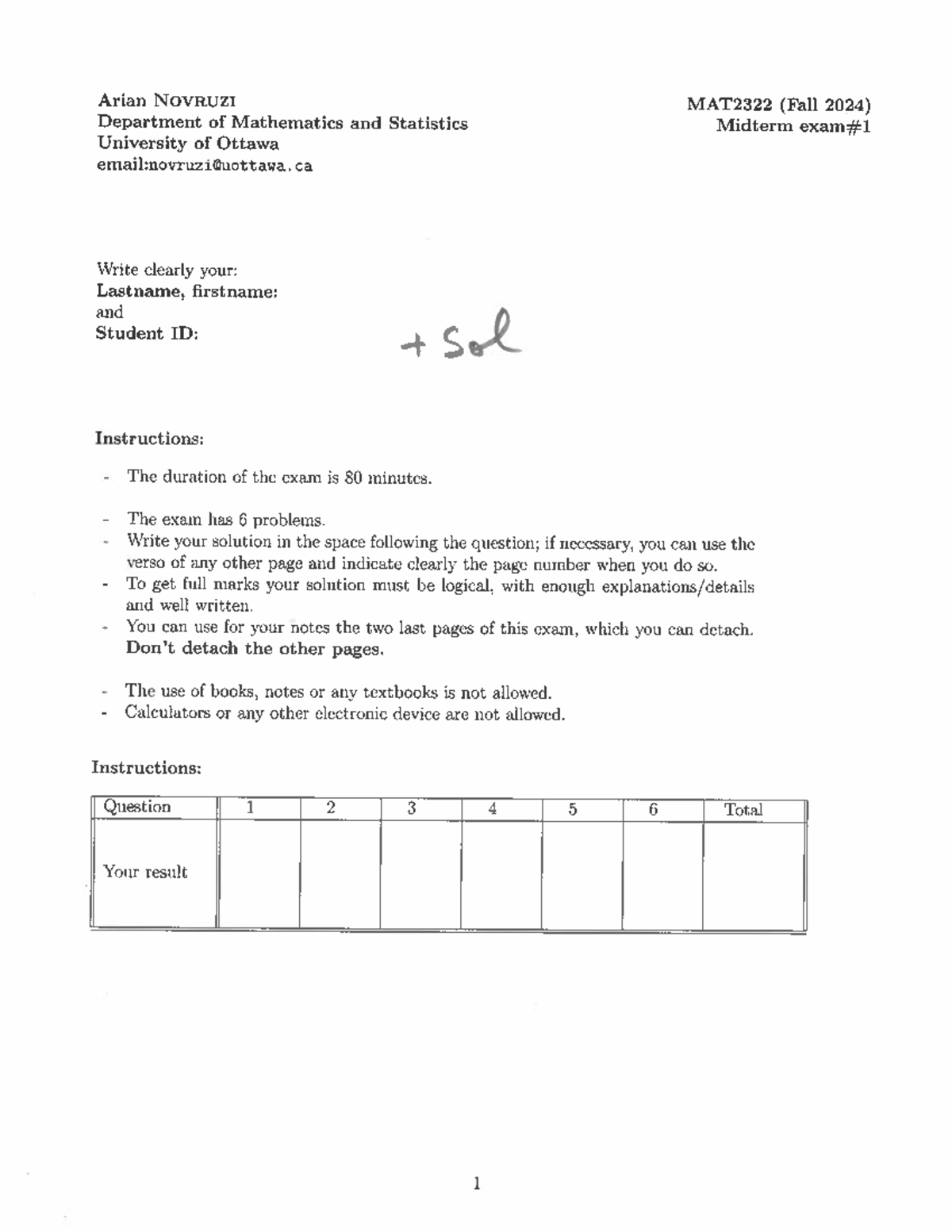 MAT2322 Midterm Exam Solutions (Fall 2024) - University of Ottawa - Studocu