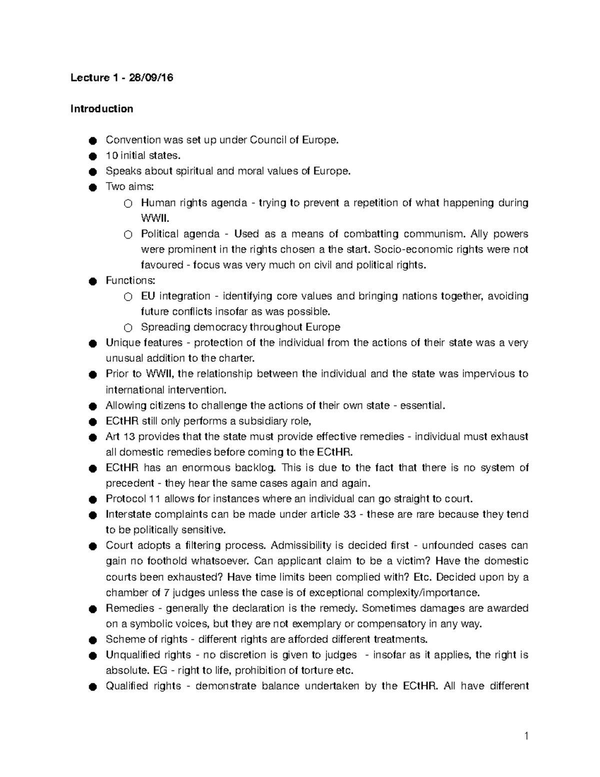 European Human Rights - Lecture notes All - Lecture 1 - 28/09/16 ...