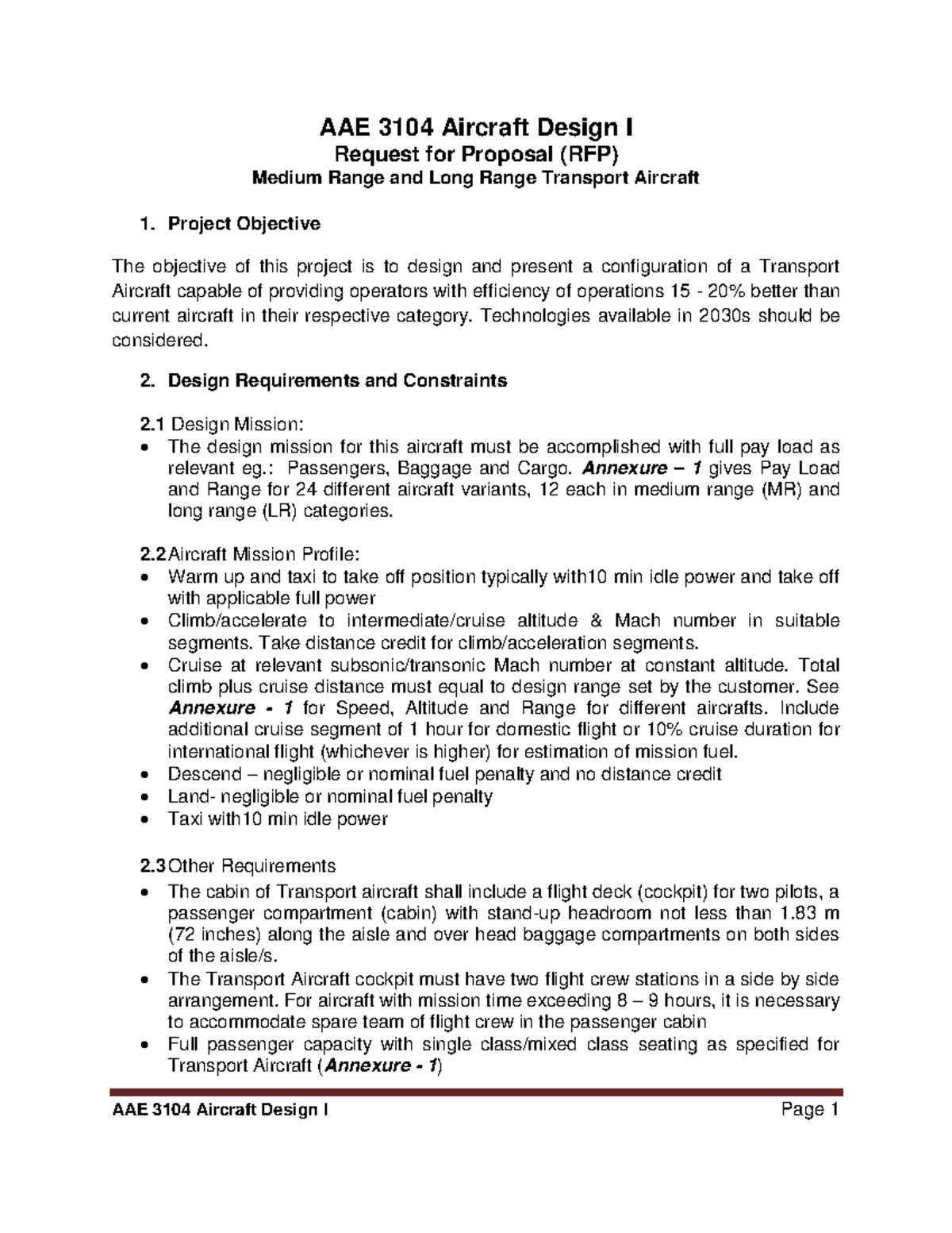 AAE 3104 Final Exam RFP for Medium & Long Range Transport Aircraft ...