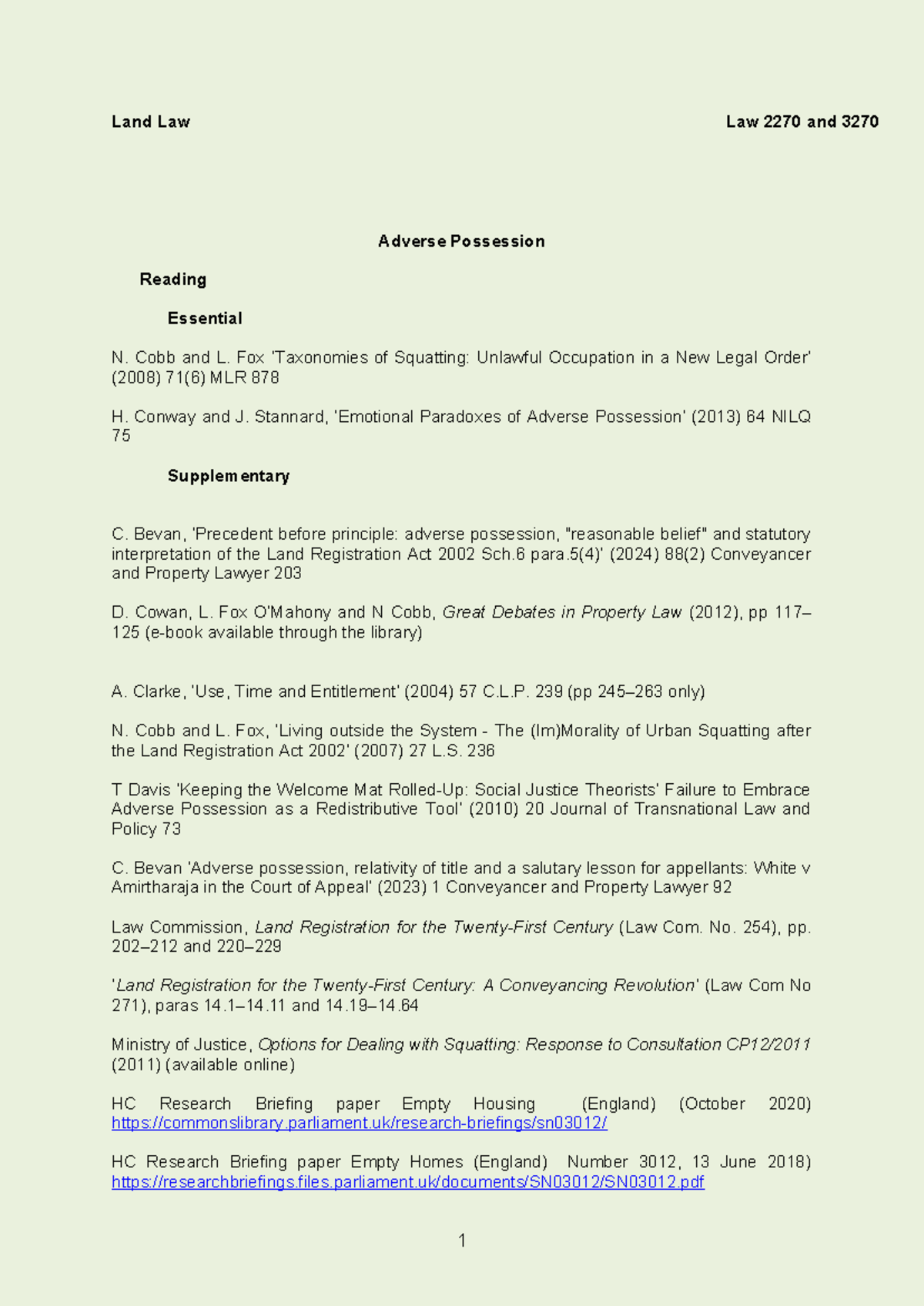 Law 2270/3270 Adverse Possession Seminar Notes and Readings - Studocu