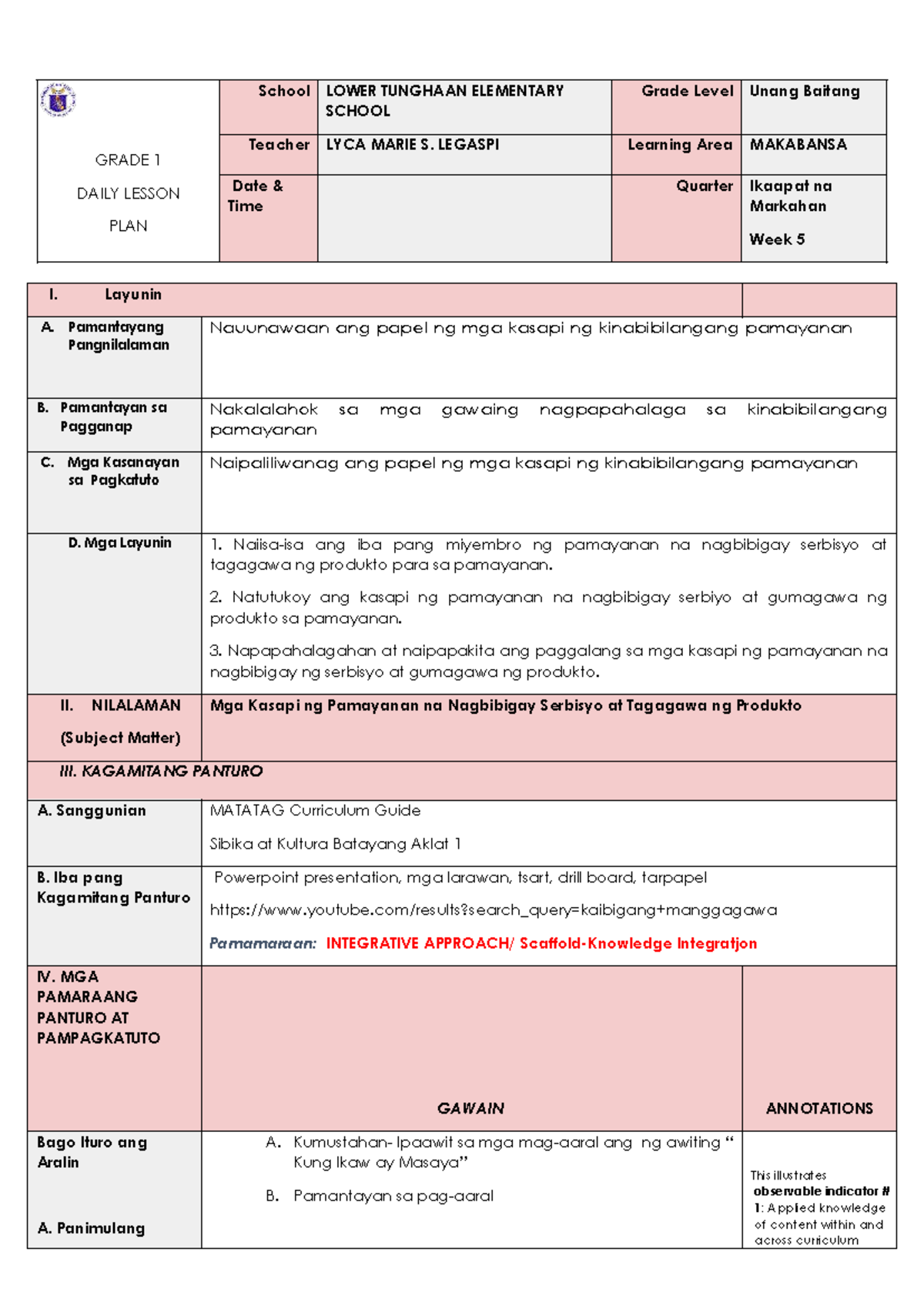 COT Makabansa 1: Daily Lesson Plan for Week 5, Quarter 4 - Document Preview