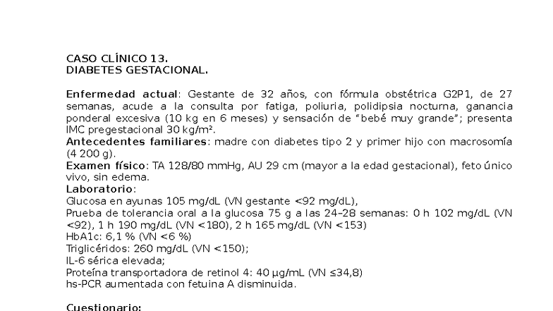 CASO CLÍNICO 13: DIABETES GESTACIONAL Y SU MANEJO - Studocu
