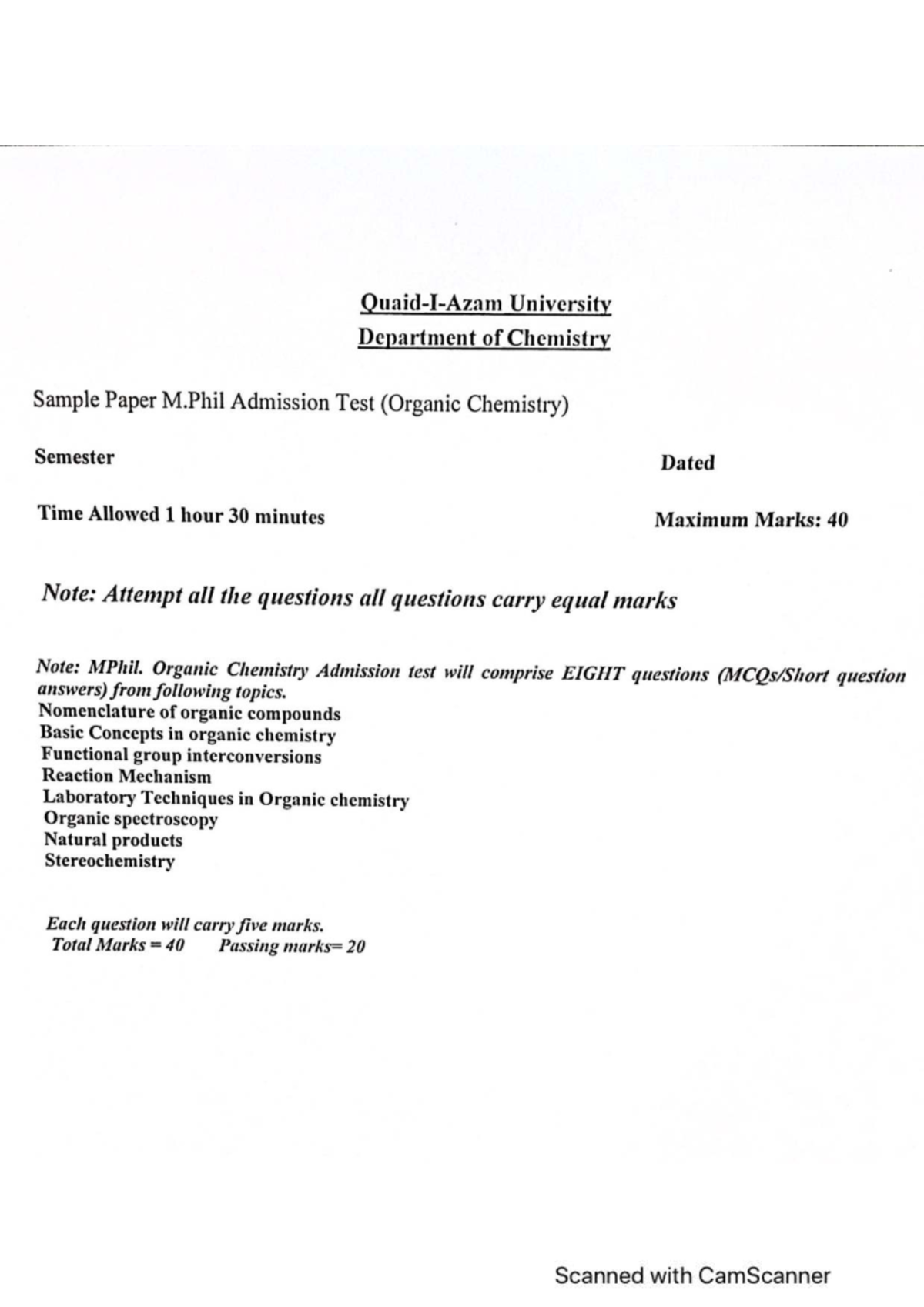 M.Phil Admission Test Sample Paper in Organic Chemistry (DOC-20250108 ...