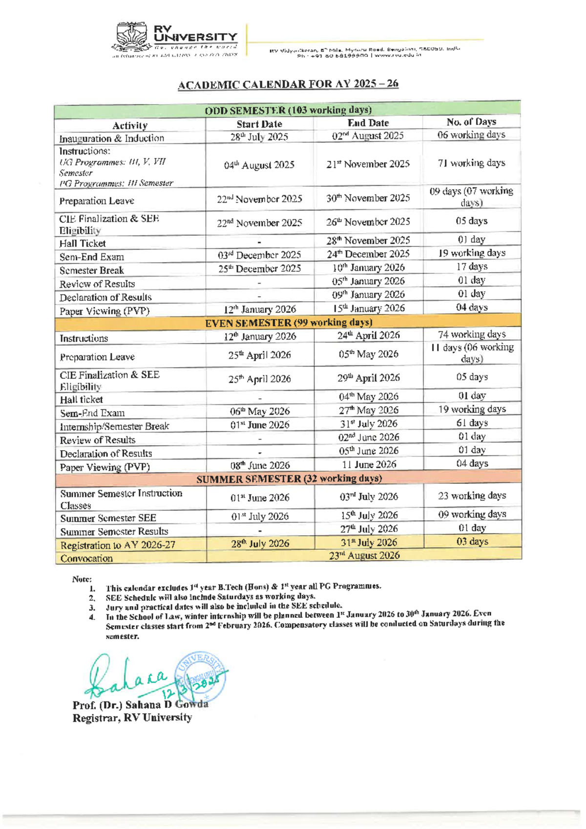 RV University AY 2025-26 Academic Calendar (Odd & Even Semesters) - Studocu