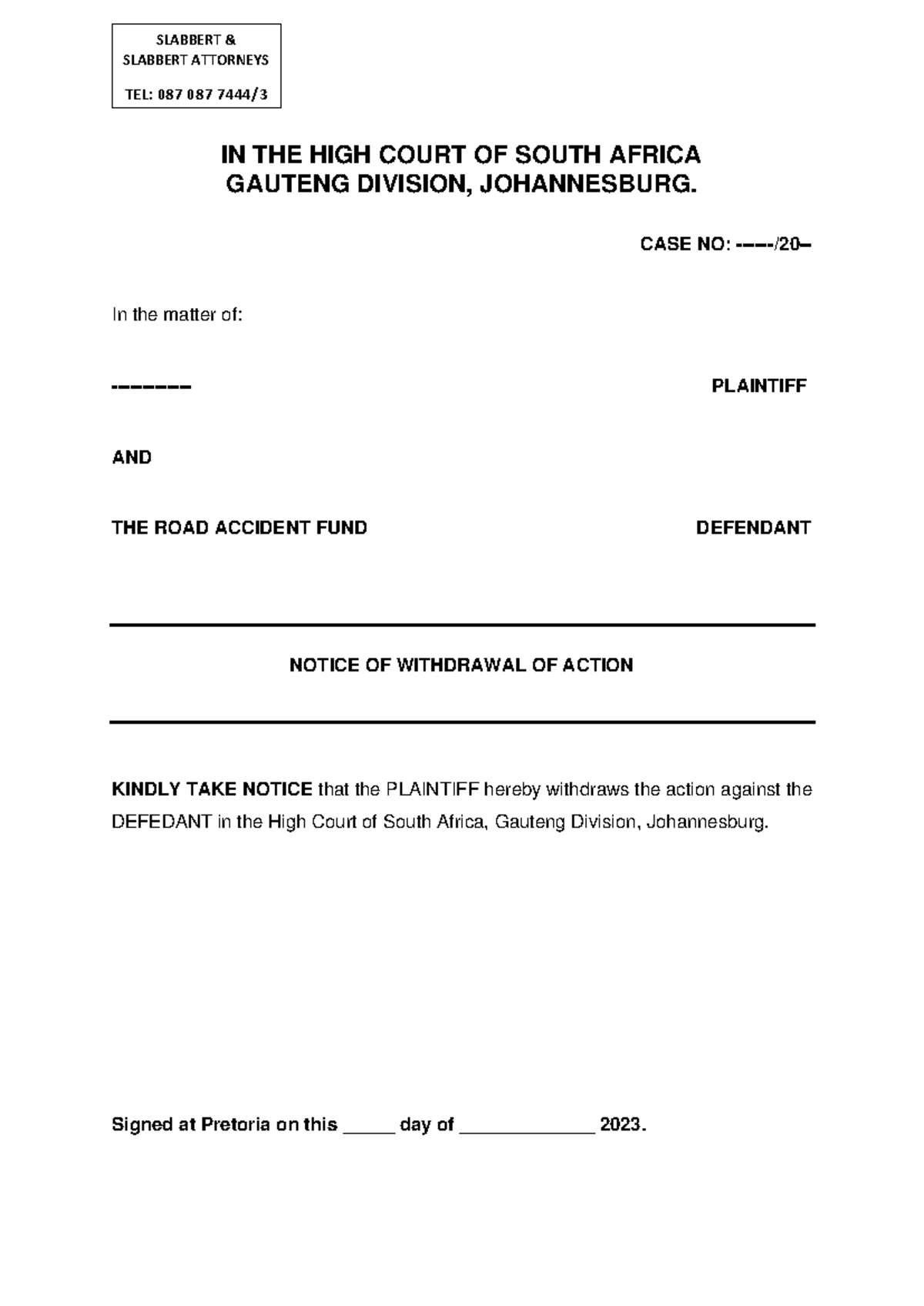 Notice of Withdrawal of Action - High Court Case No: ------/20-- - Studocu