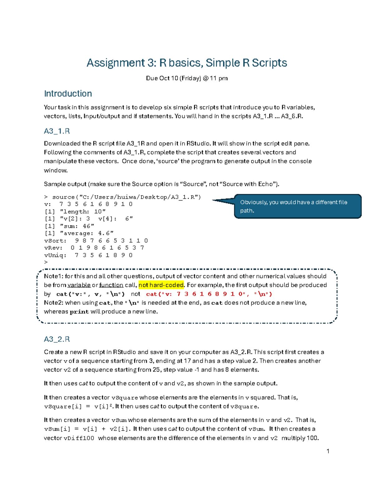 Assignment 3: R Basics & Simple Scripts (Due Oct 10) - Studocu